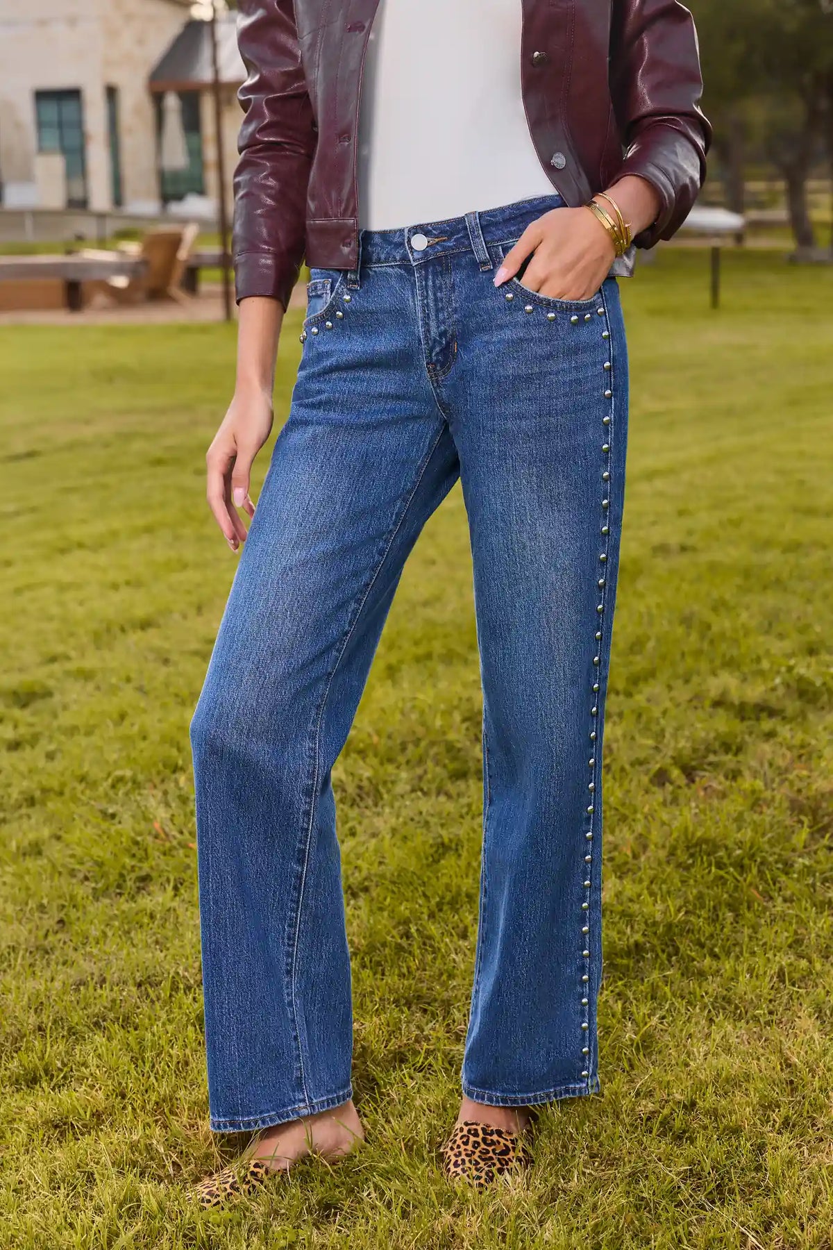 Medium Wash Straight Leg Studded Jeans