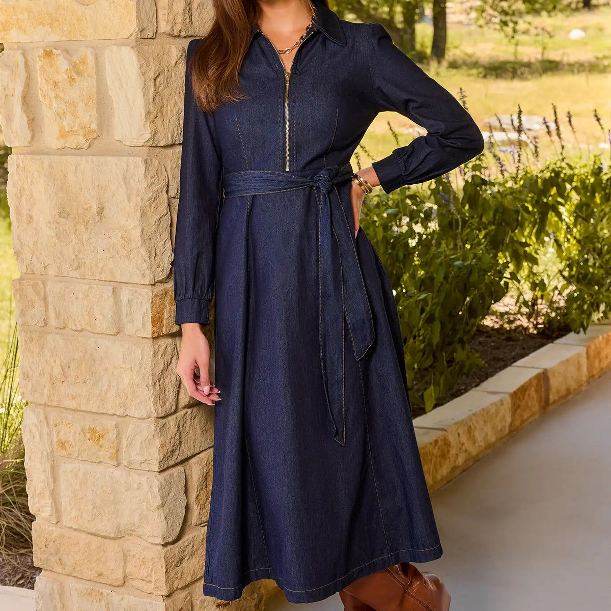zip front dress long sleeve Denim Up Collared Midi house at Inherit with Sxiwei Womens Roman Dresses Cores:Poetry Blue YGroup_colourway-denver