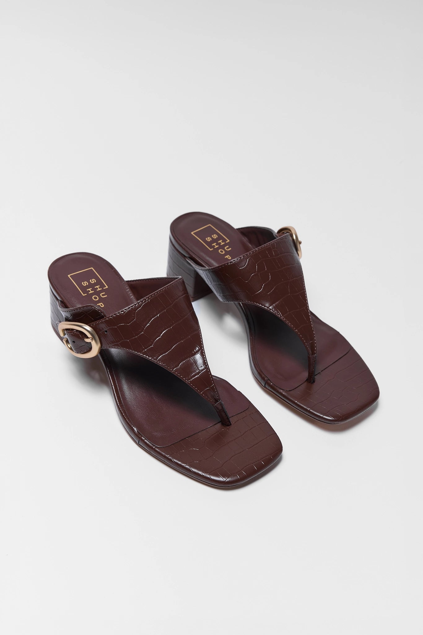 Pair of two brown sandals with a gold ring on a white background