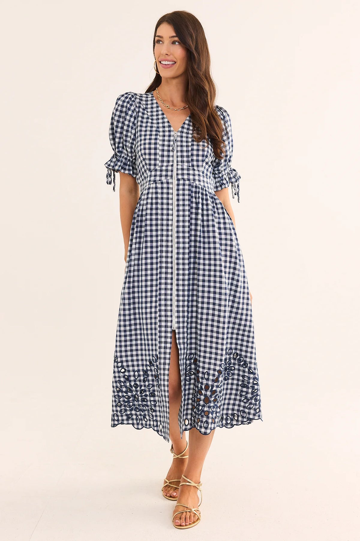Emersyn Navy Gingham Midi Dress | Women's Clothing