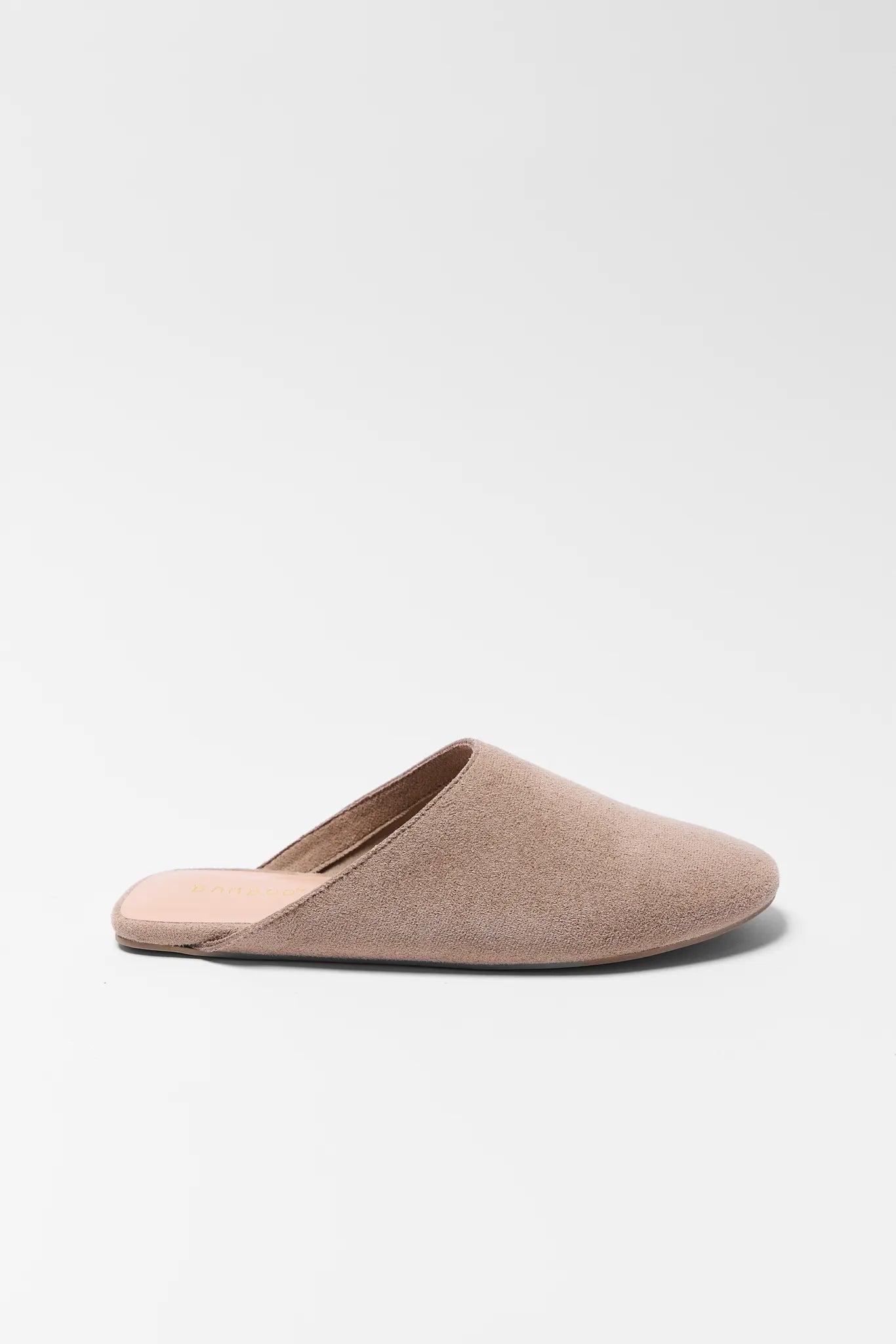 Beige slipper on a white background Faith Tan Faux Suede Mules