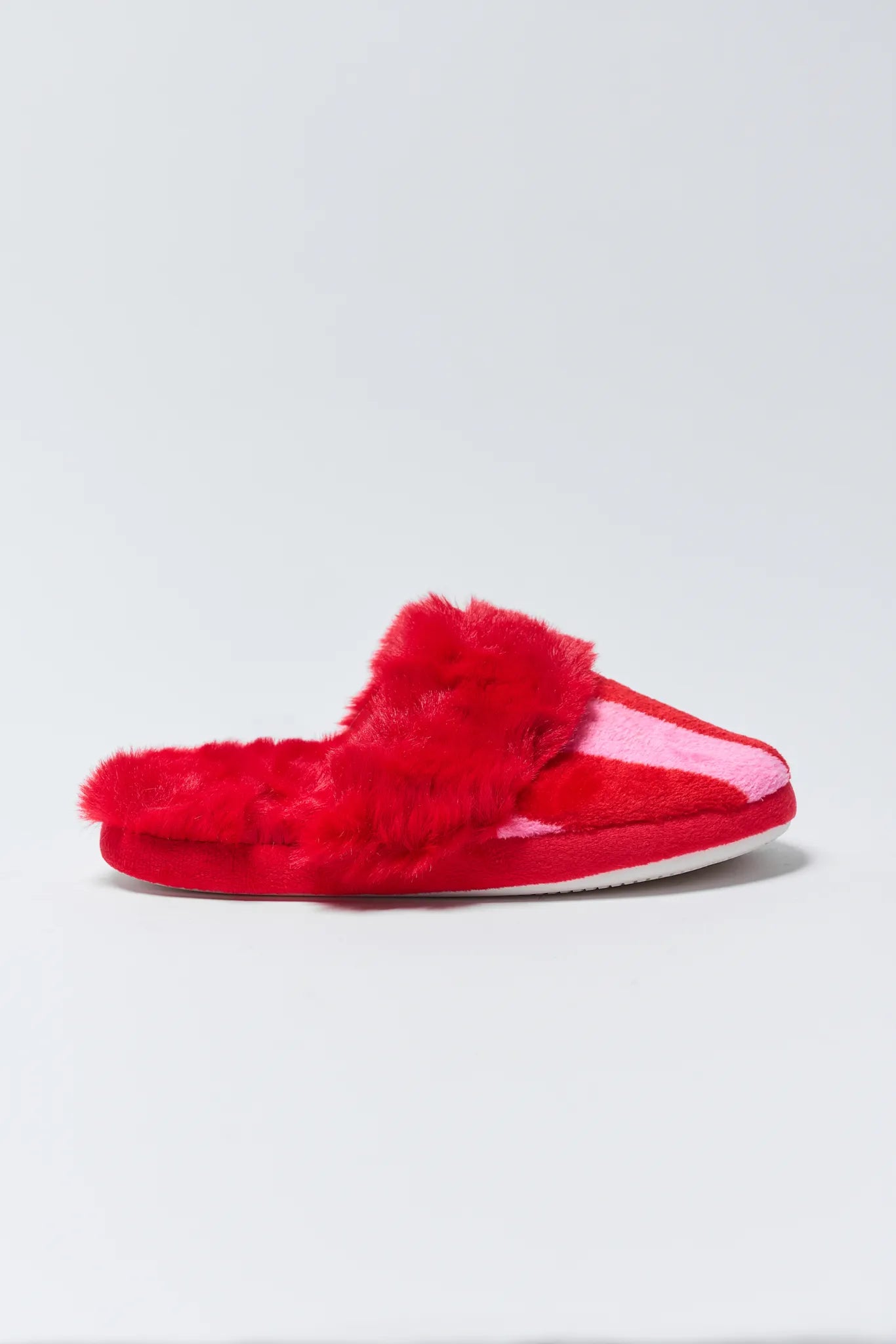 Felicity Striped Fuzzy Slippers with fur trim on a light gray background