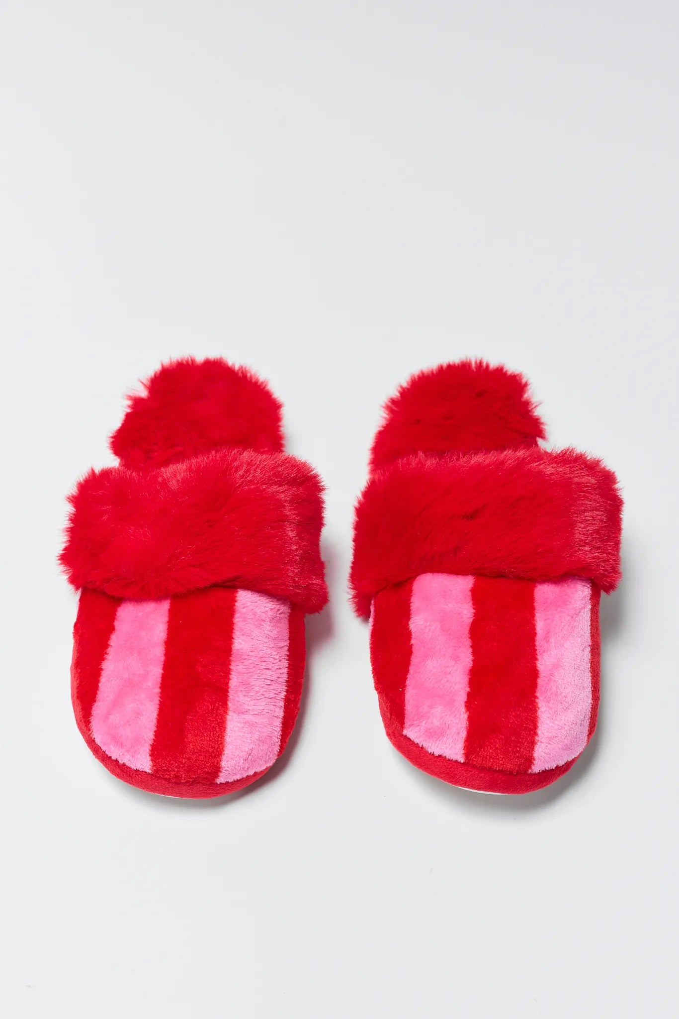 Felicity Striped Fuzzy Slippers with fur trim on a light gray background