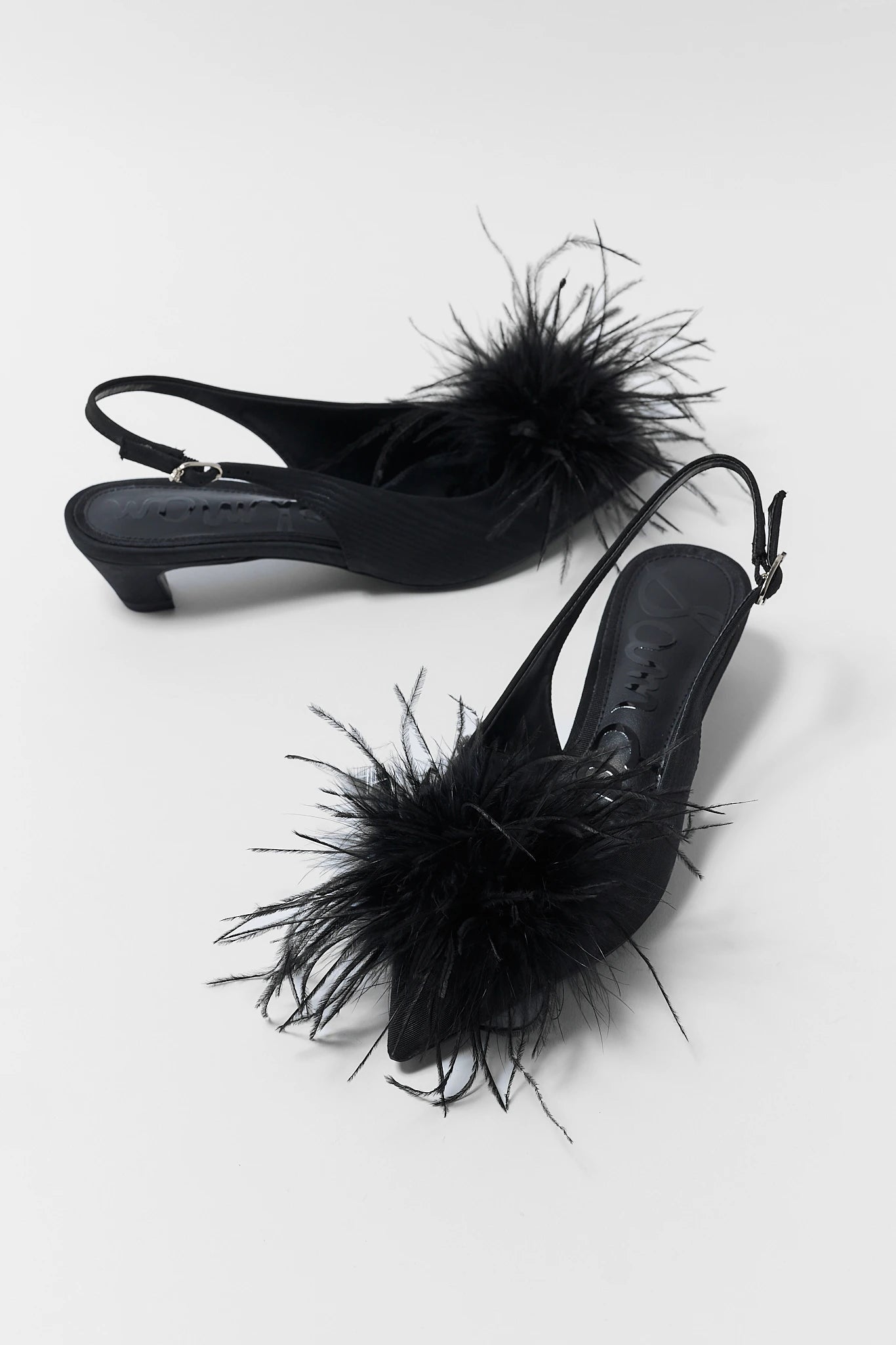 Black Feather-Trim Slingback Heels - Flat Lay Pair Angled | Avara