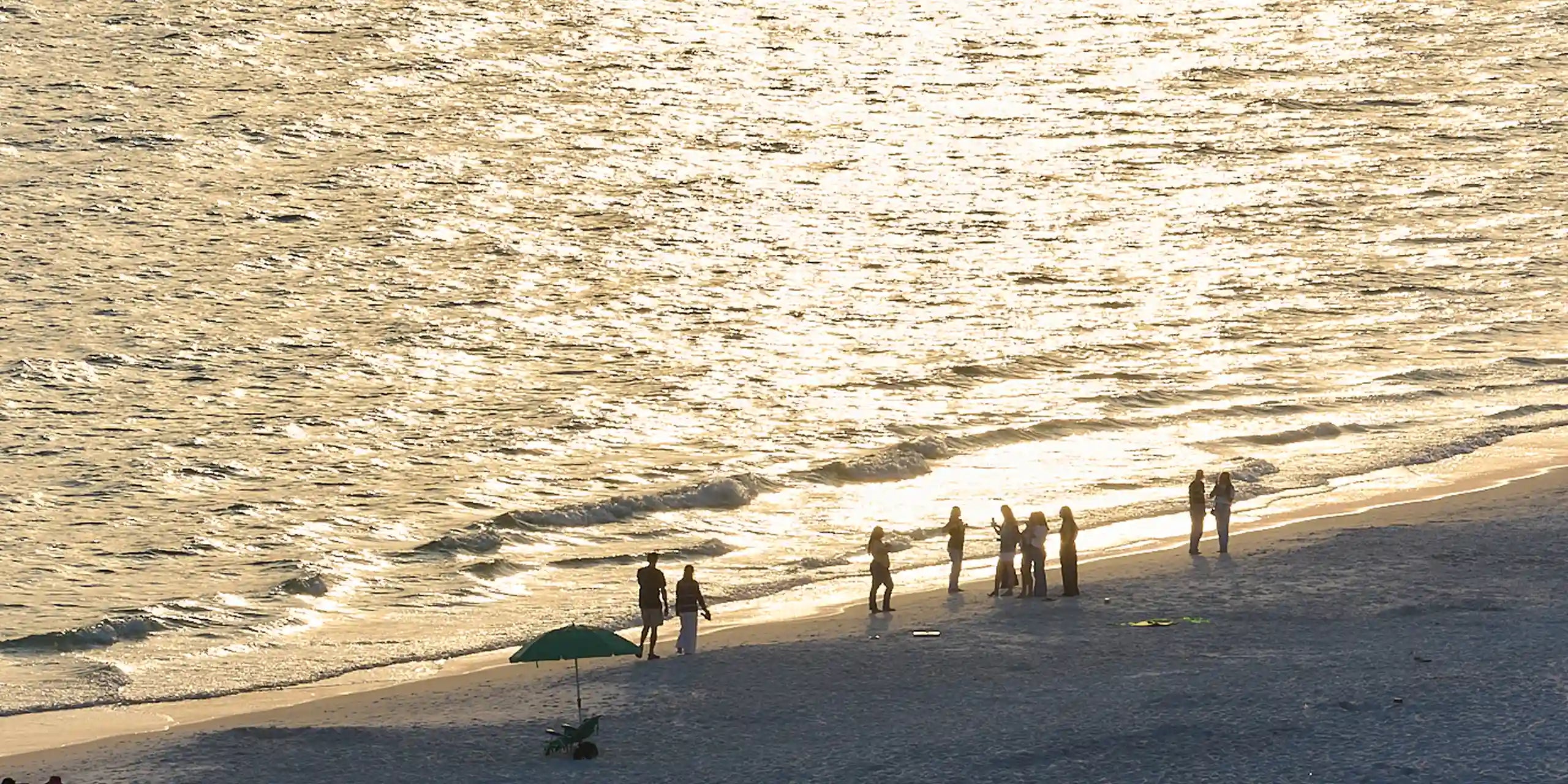 People walking along a beach with a green umbrella at sunset. web