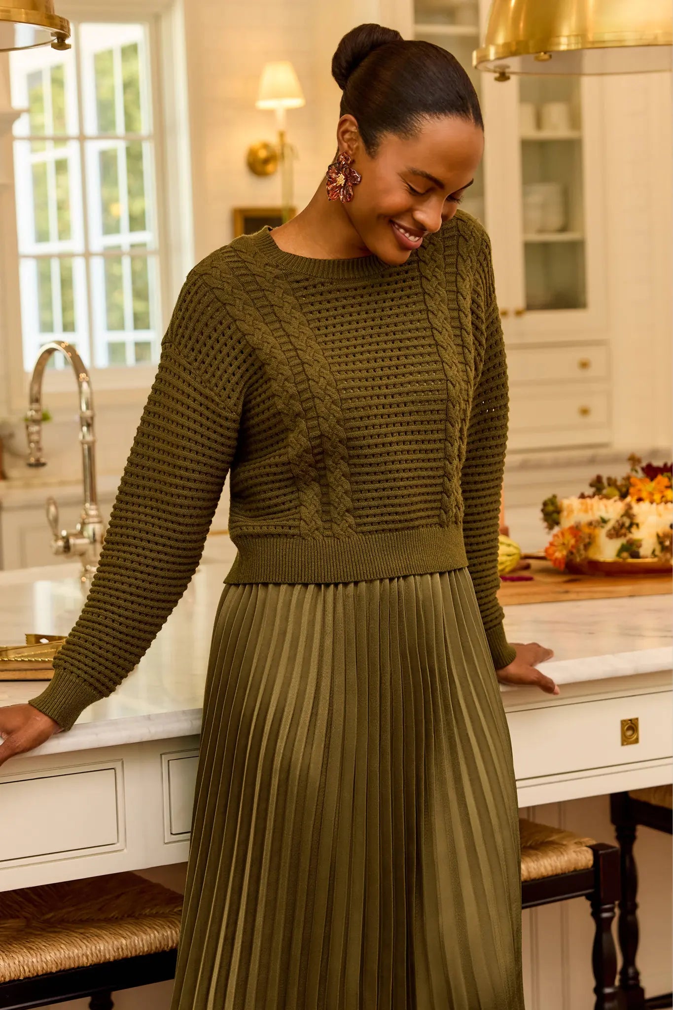Olive Cable-Knit Two Piece Midi Dress - Lifestyle Styled Look | Avara