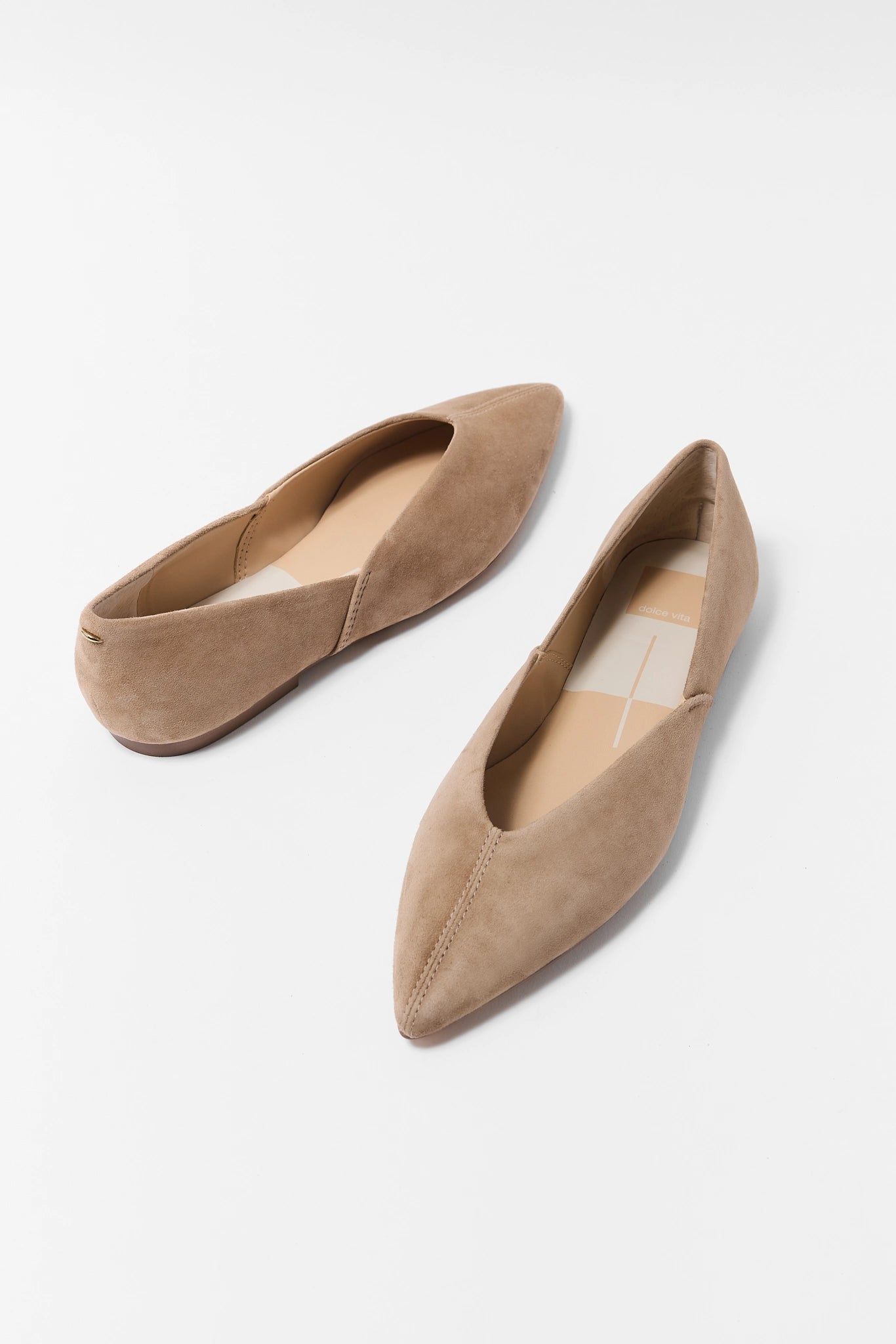 Taupe Suede Pointed Toe Flats - Overhead Pair View | Avara
