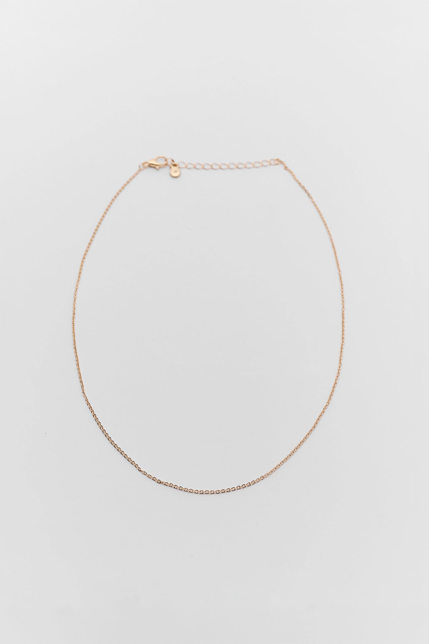 A delicate dainty gold chain necklace with a small oval charm and an adjustable lobster clasp, displayed on a clean white background.