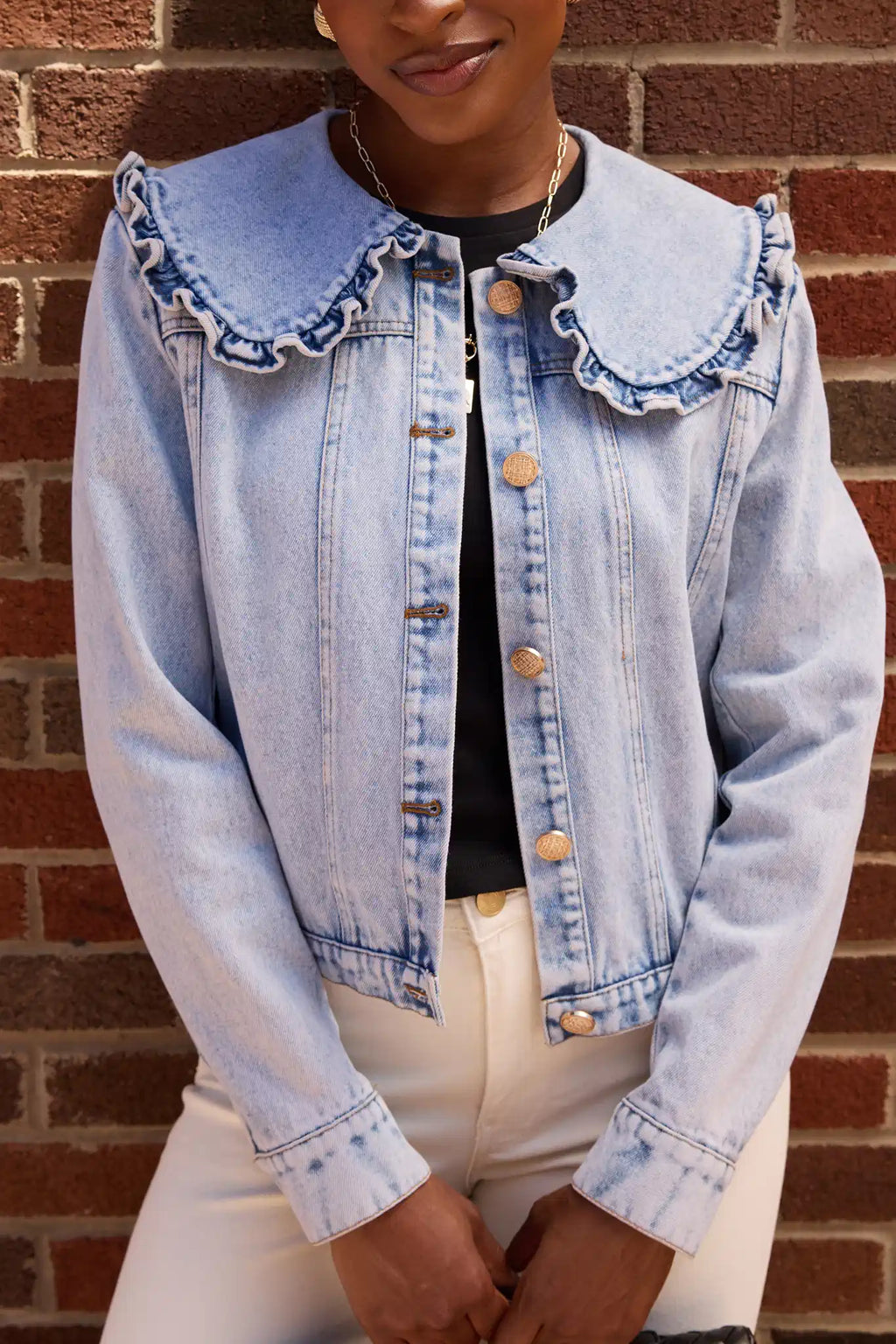 gw値下げ】MEER. COLLAR RUFFLES DENIM JACKET Ruffle Collar gw値下げ】MEER. COLLAR RUFFLES DENIM JACKET Ruffle Collar
