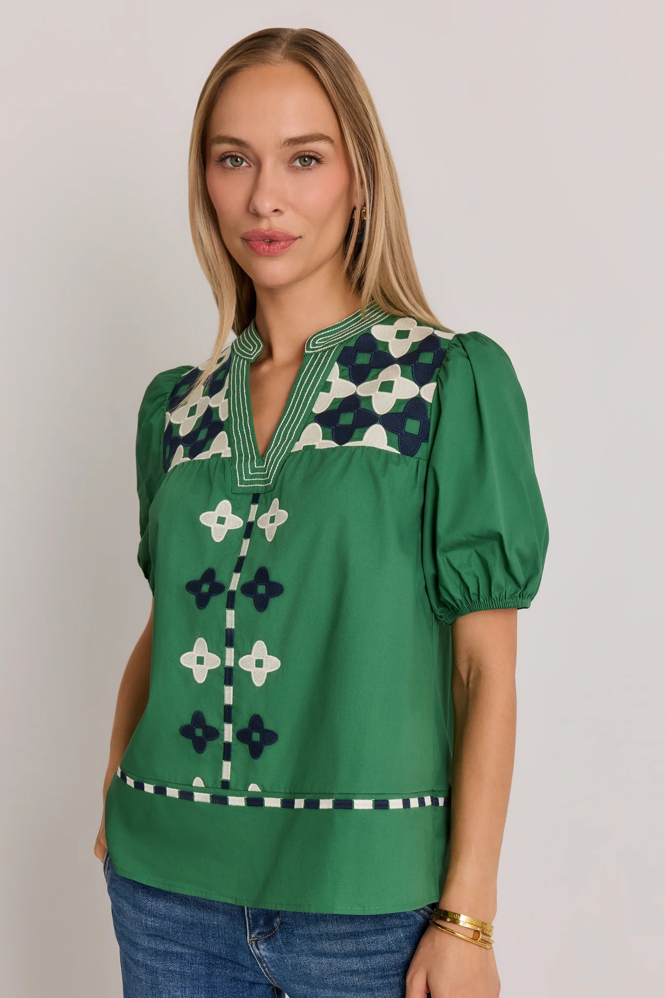 Green Contrast Embroidery Split Neck Top
