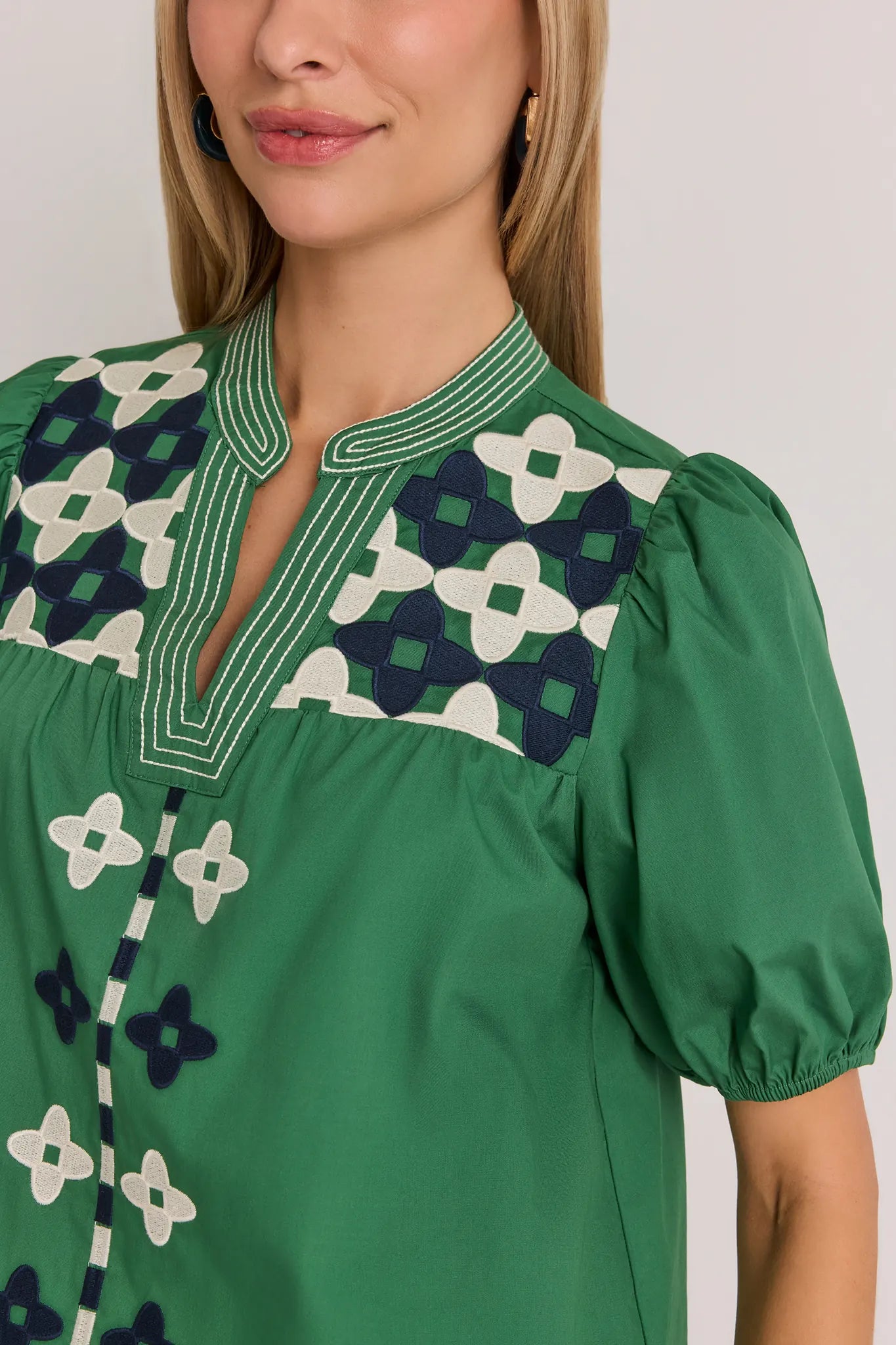 Green Contrast Embroidery Split Neck Top