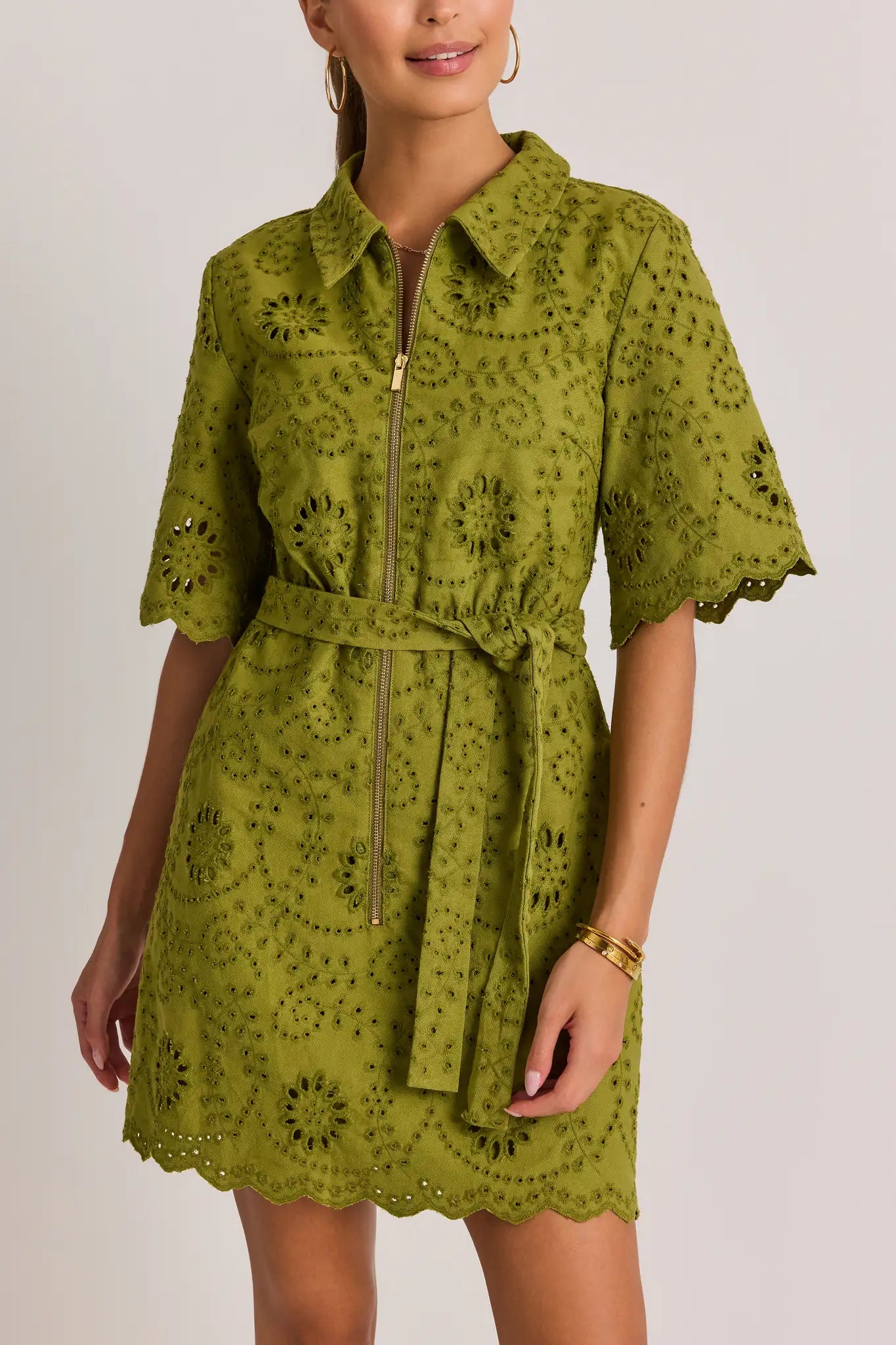 Green Eyelet Zip Up Short Dress