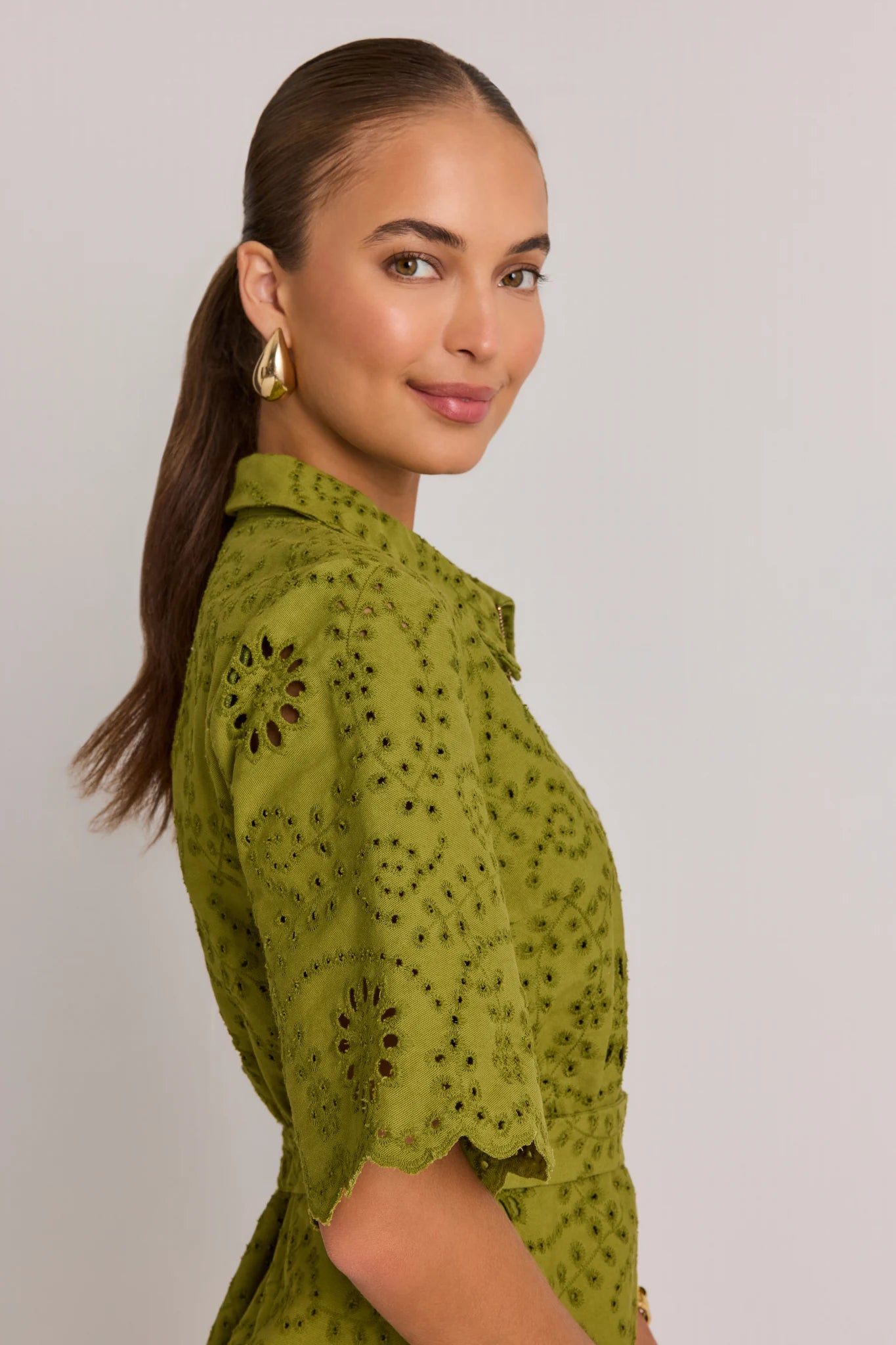 Green Eyelet Zip Up Short Dress