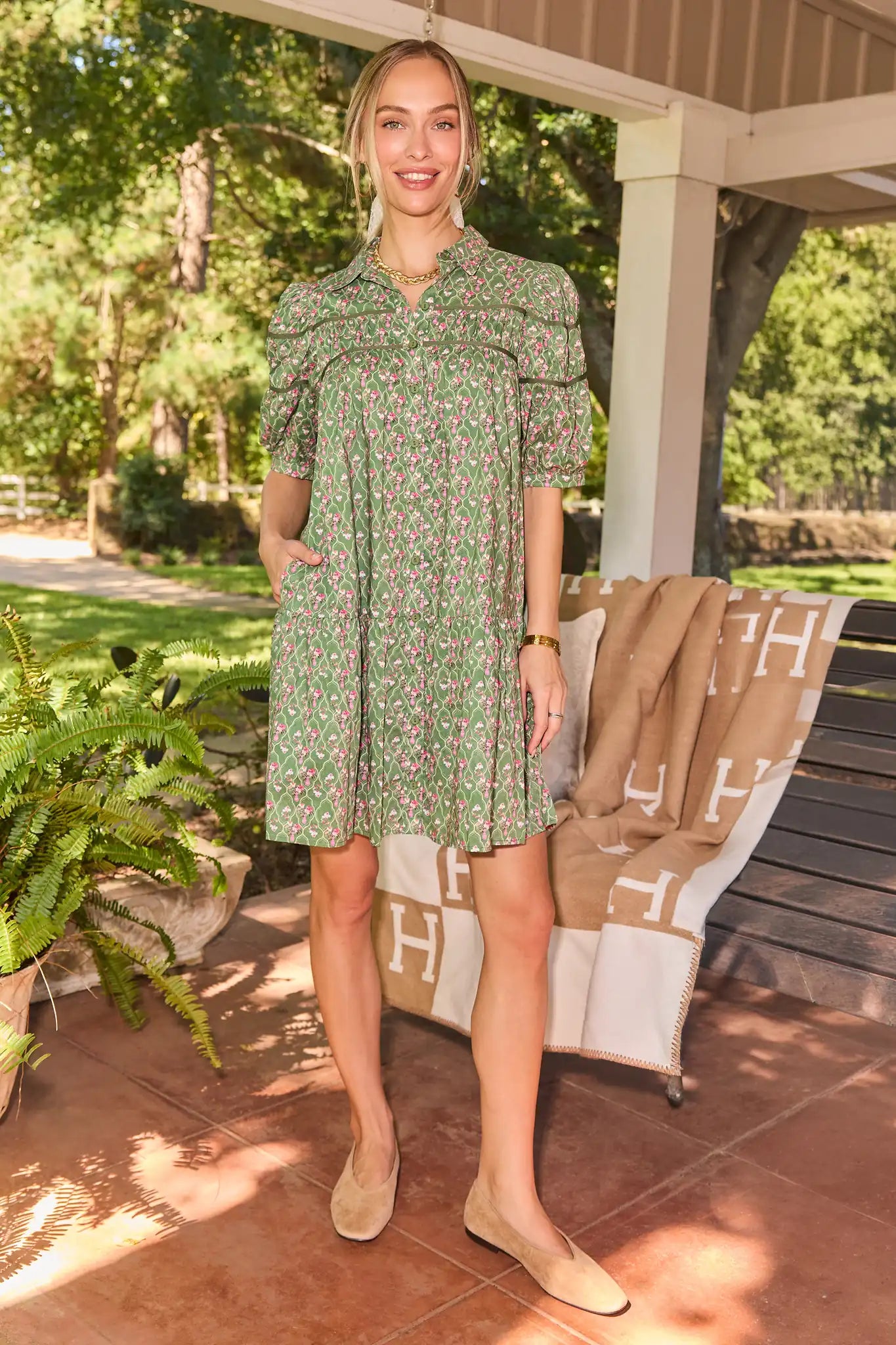 Green Floral Drop Waist Short Dress