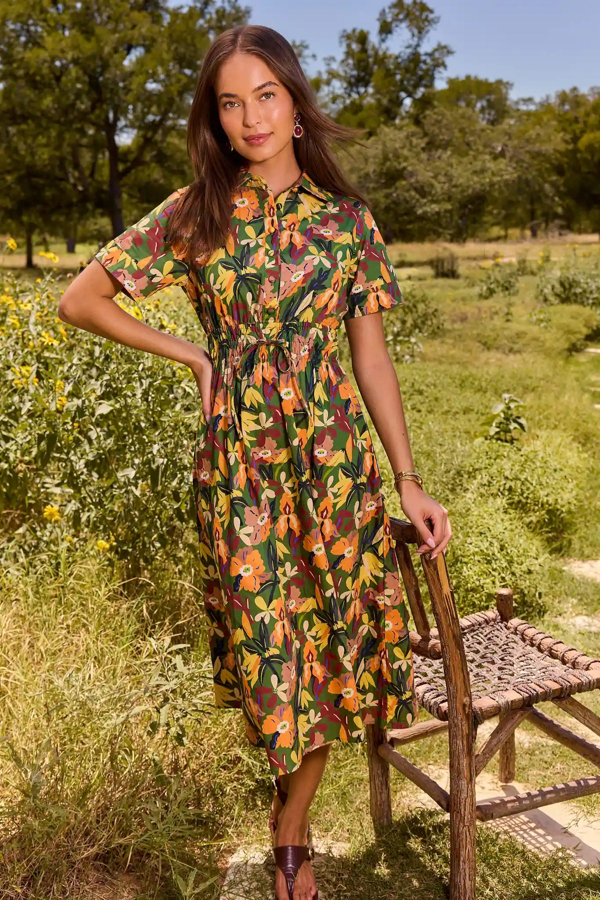 collar midi dress Green Floral Print Collared 48 1/4 Fabric Self Faux Leather Hm Dress 3/4  Sleeve Dress Color:witching