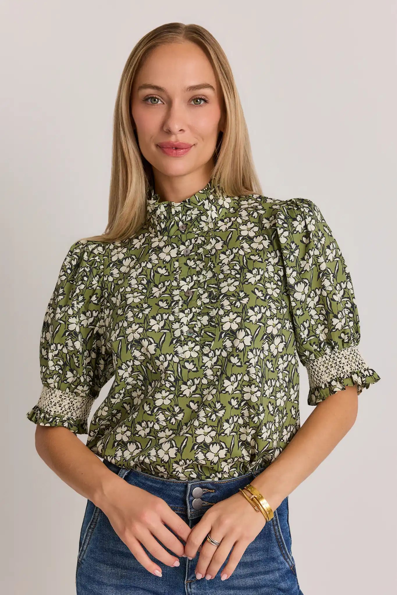 Green Floral Printed Ruffle Collar Top
