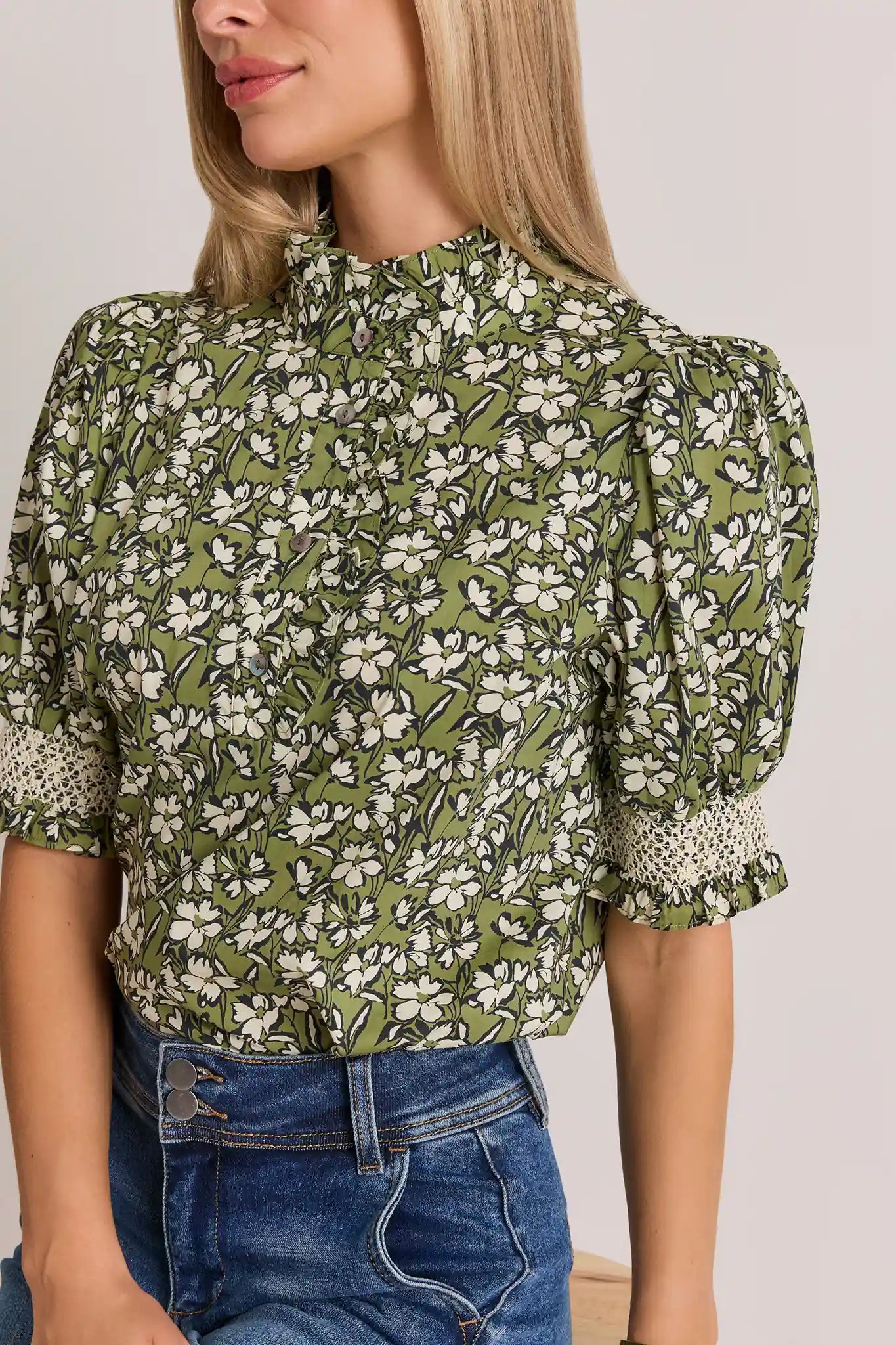 Green Floral Printed Ruffle Collar Top
