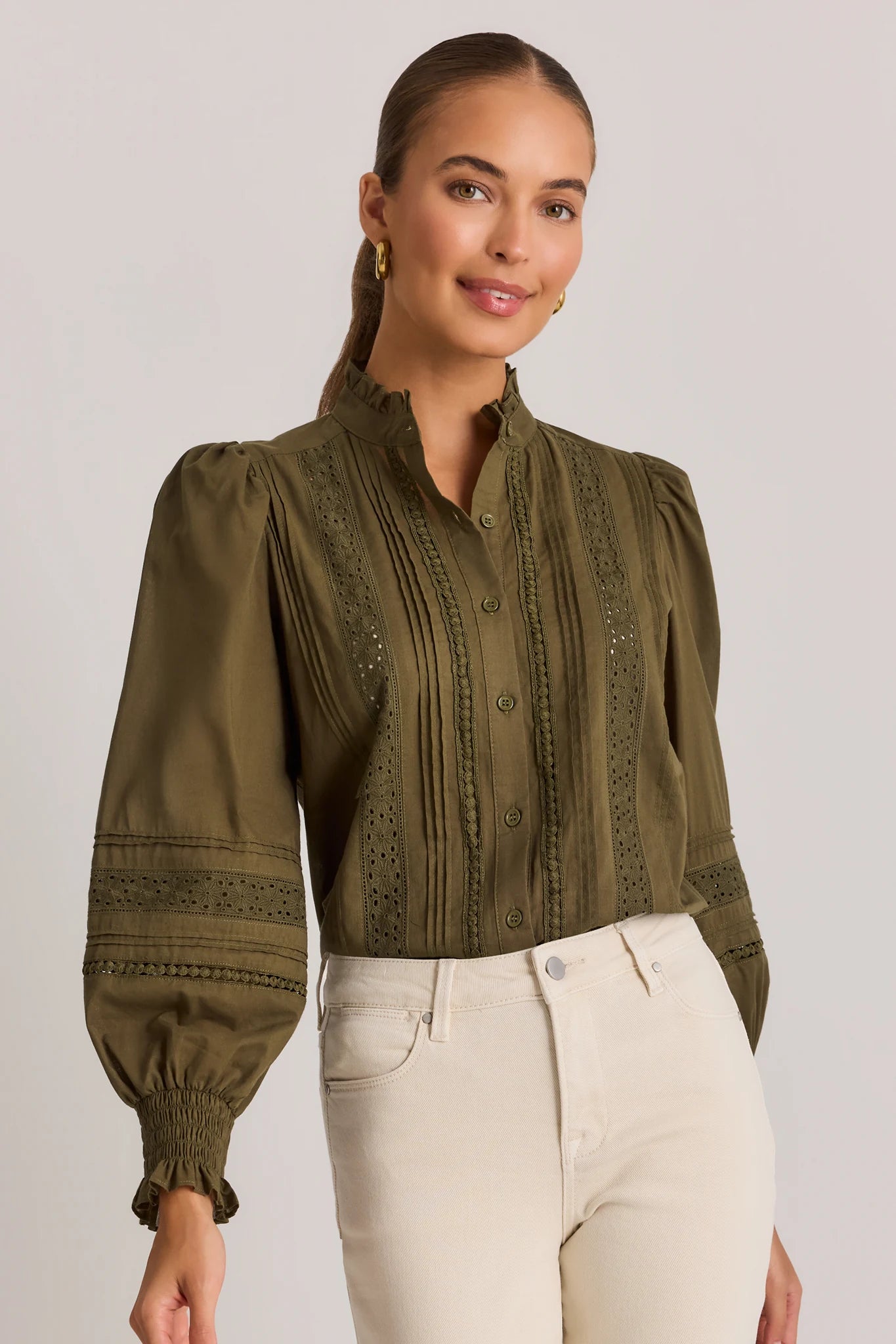 Green Lace Detail Button Up Top