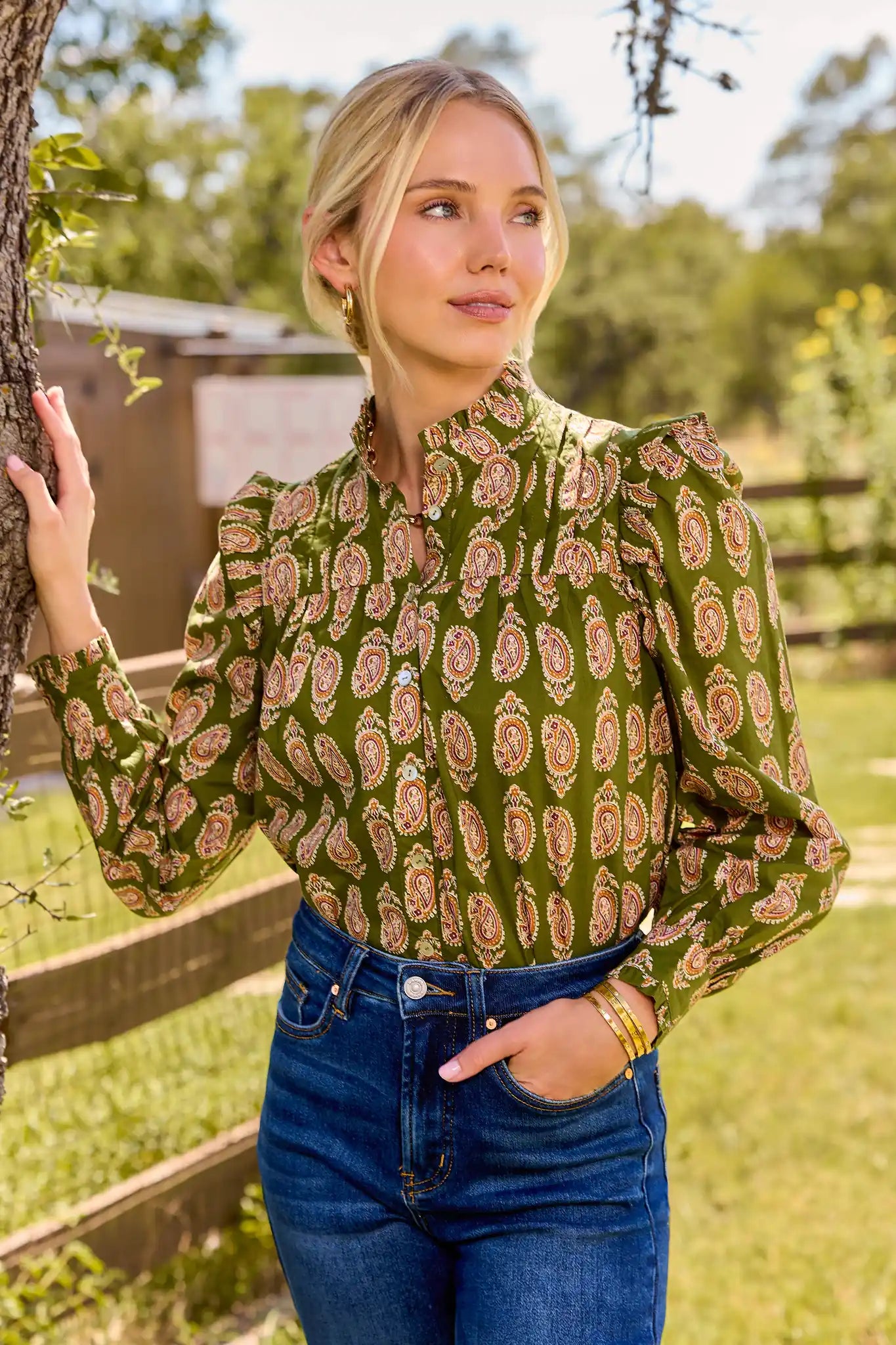 Green Paisley Printed Pleated Top
