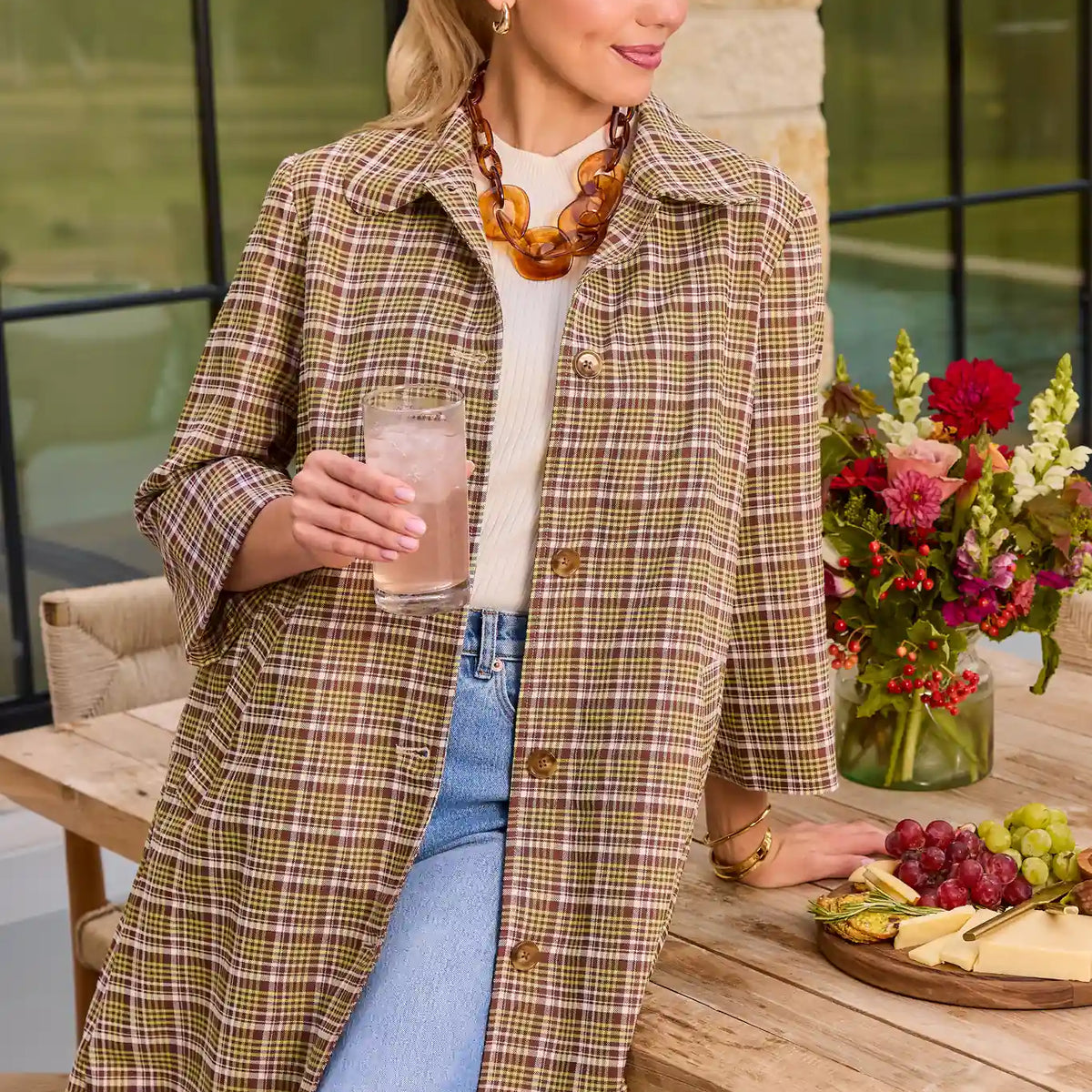 Green Plaid Print Trench Coat | Avara