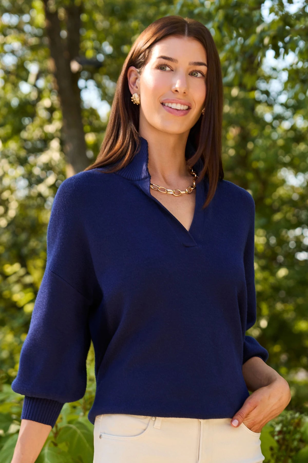 Navy Knit Sweater with Stand Collar V-Neckline - Outdoor Front View | Avara