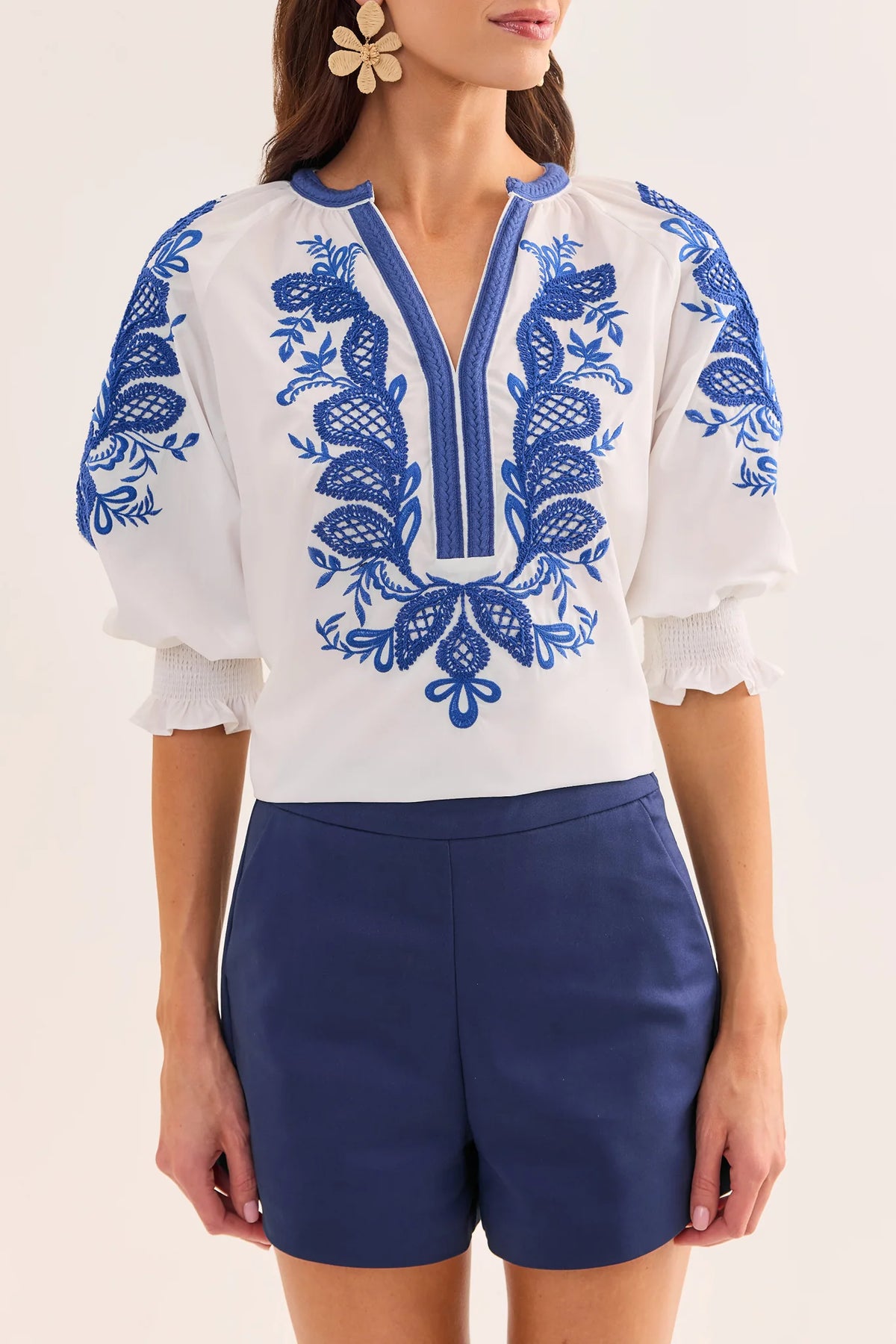 Iris White Embroidered Split Neck Top | Avara