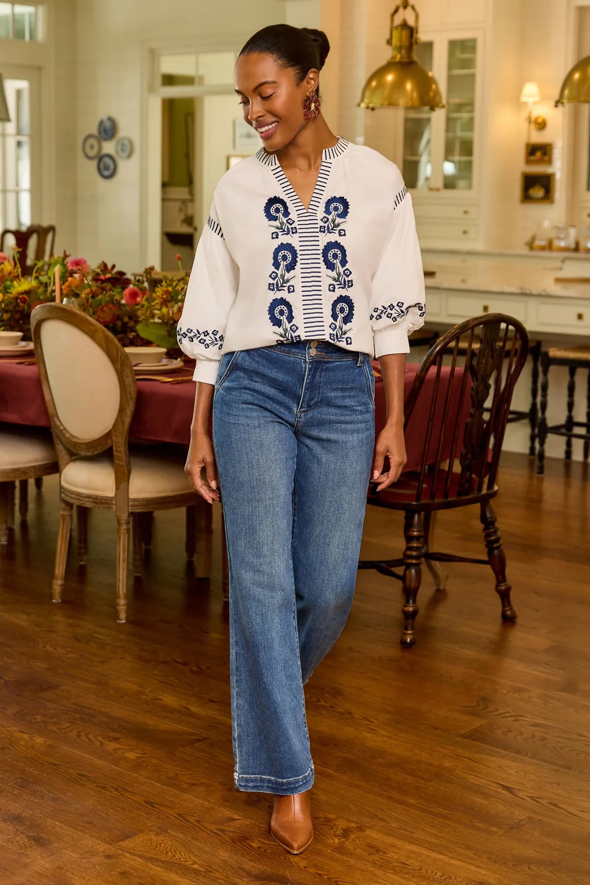 Ivory Cotton Floral Embroidered Top - Full Length Styled Look On Model | Avara