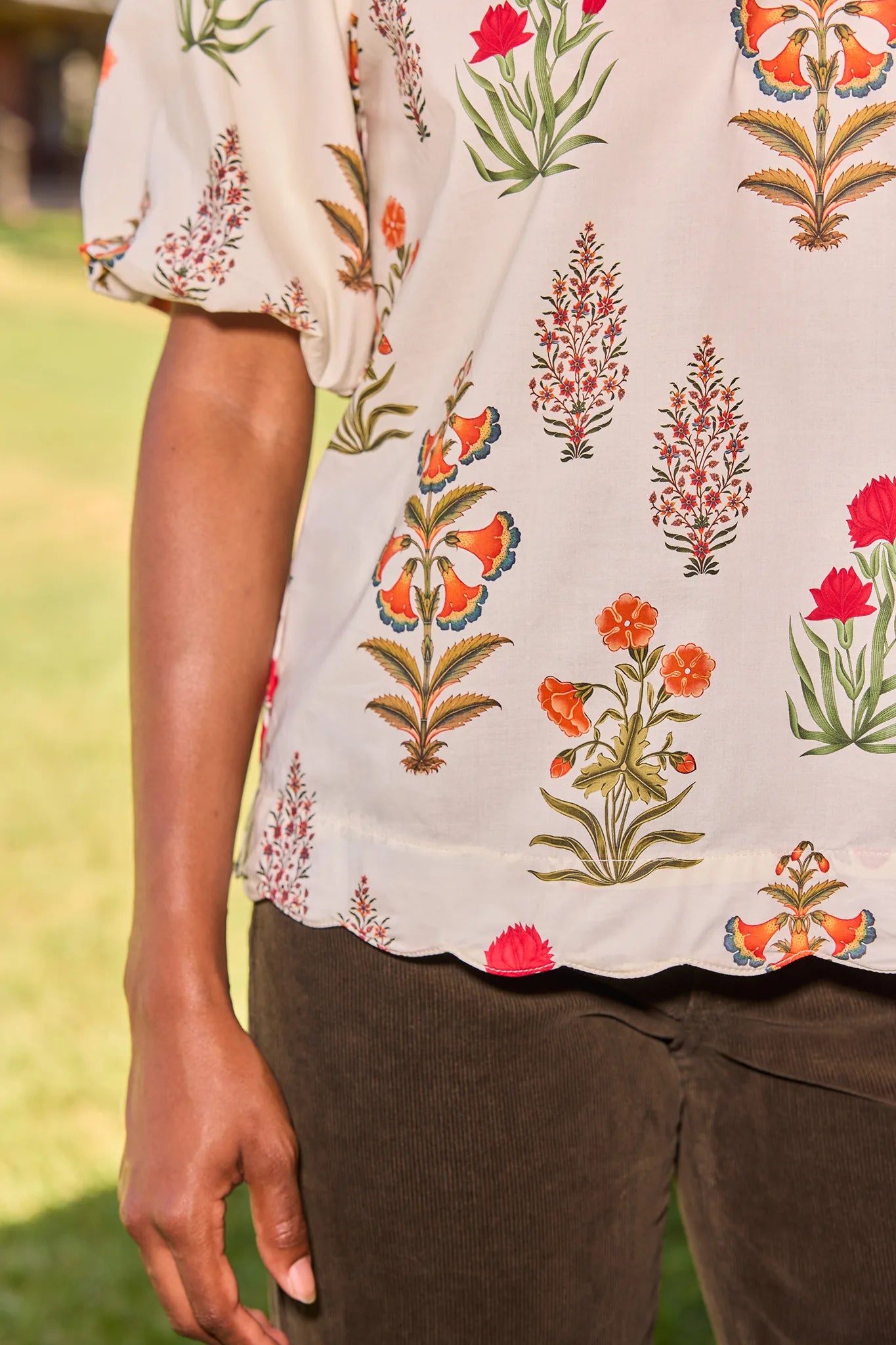 Ivory Floral Print Scalloped Hem Top