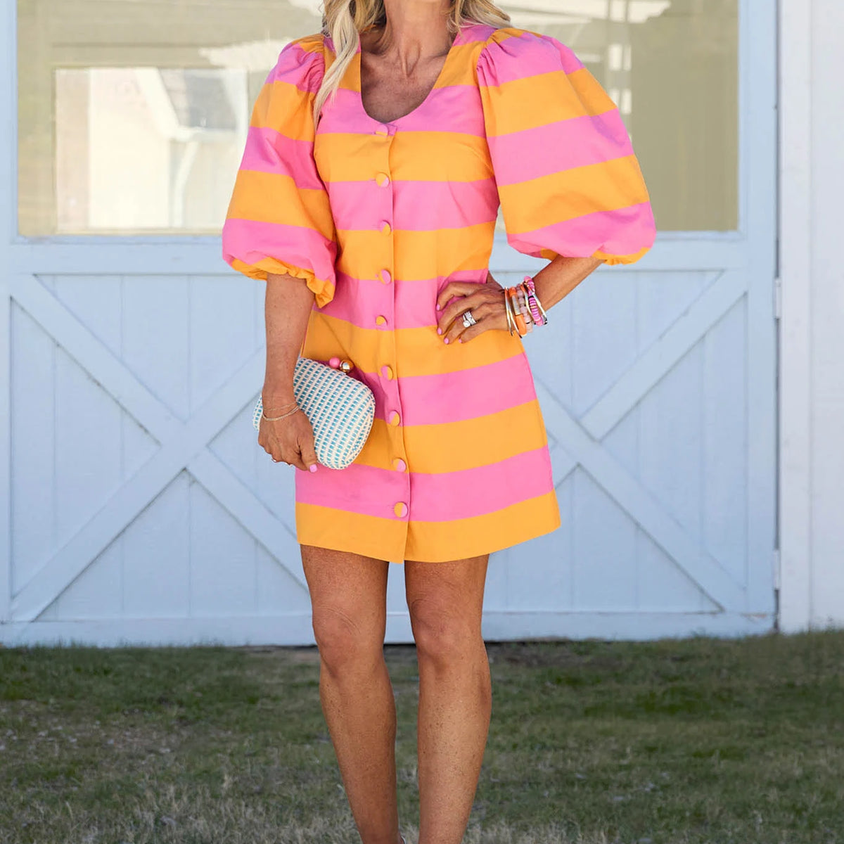 orange and pink puff sleeve dress Pink & Orange Eyelet Floral Puff Sleeve Dress  Obsession Boutique