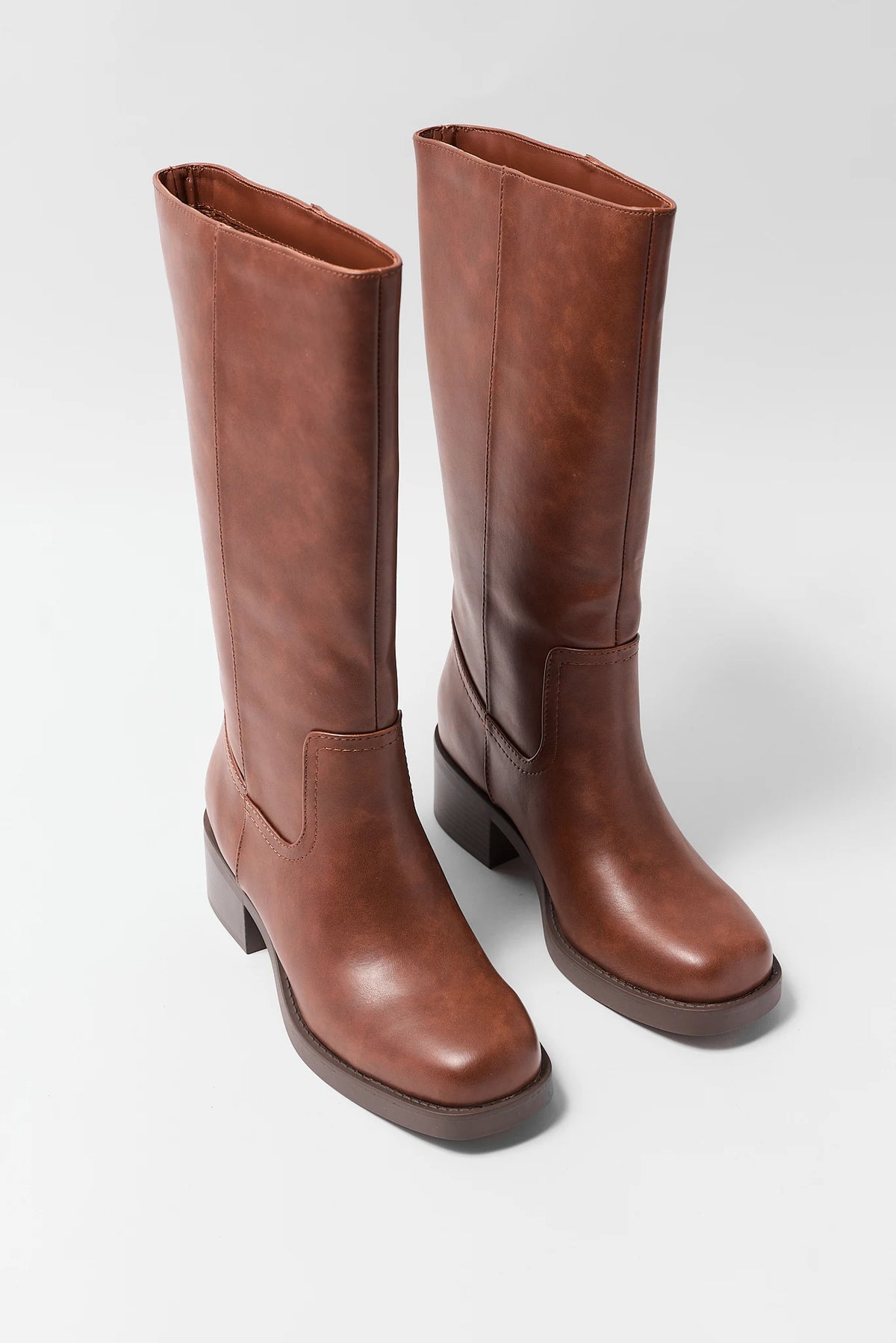 Brown Faux Leather Knee-High Boots - Pair Front View | Avara