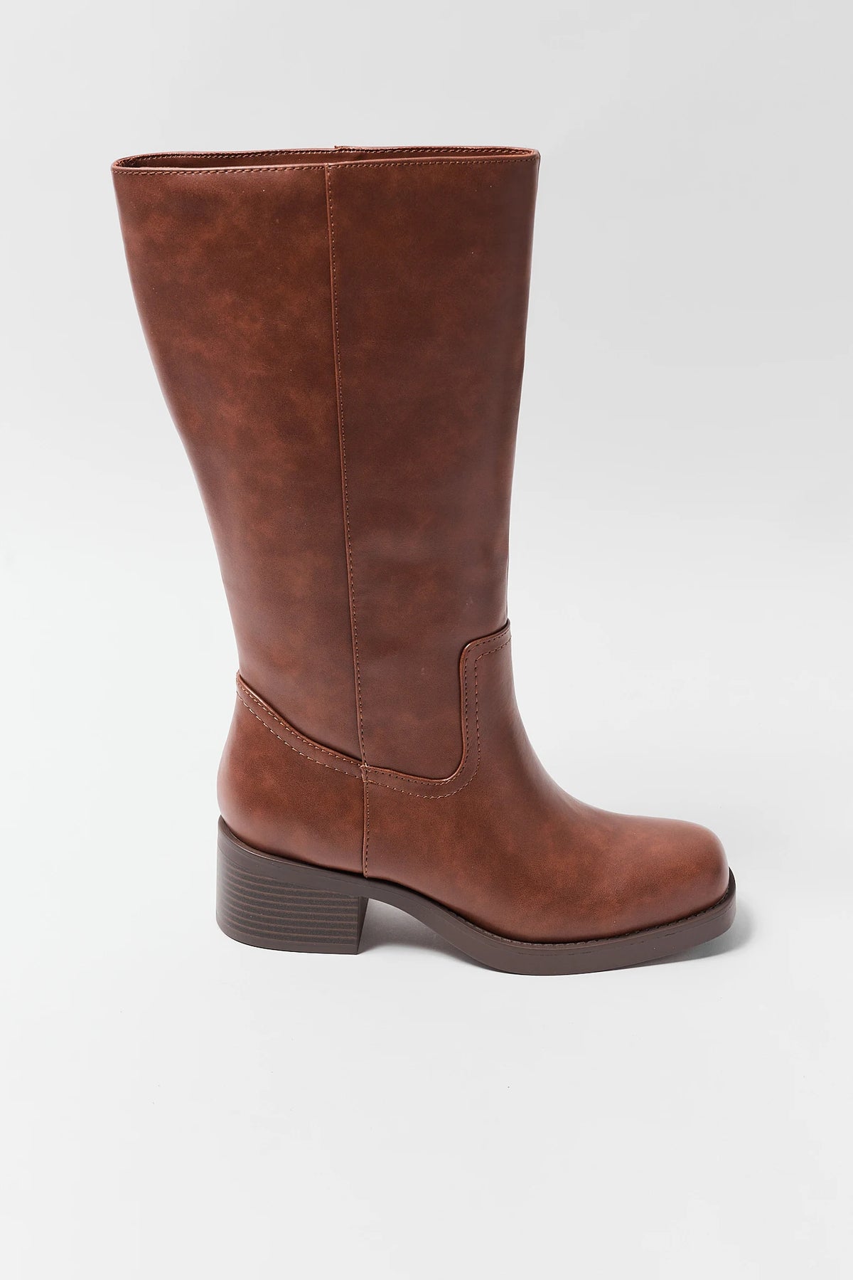 Brown Faux Leather Knee-High Boot - Side Profile with Block Heel | Avara
