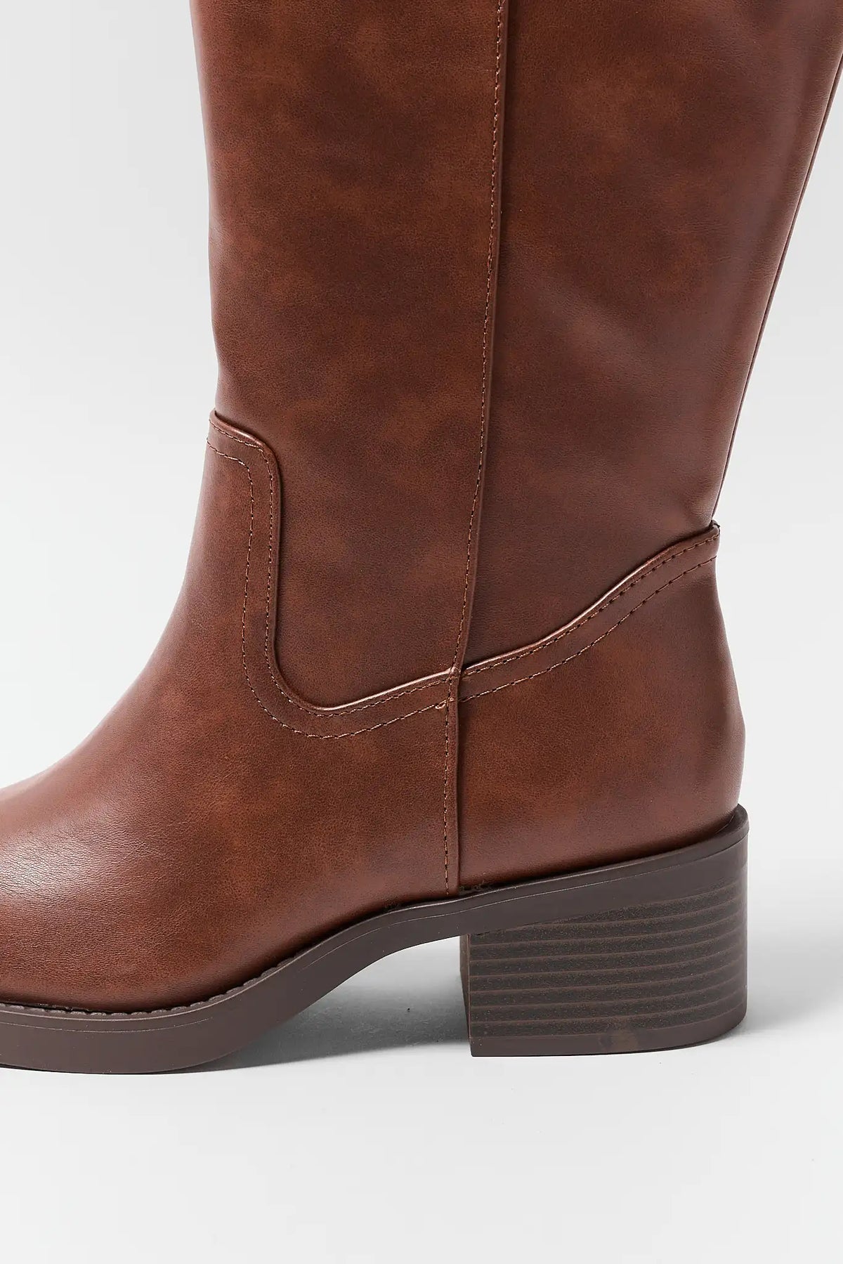 Brown Faux Leather Boot - Block Heel and Ankle Stitching Detail | Avara