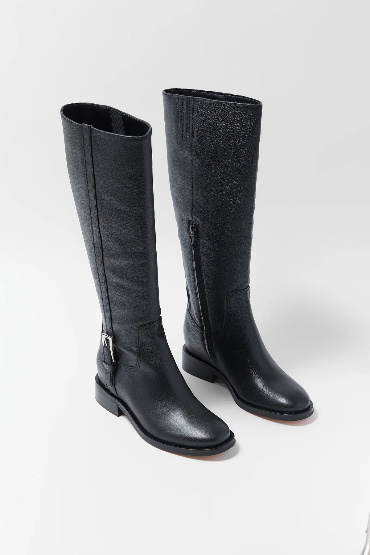 Black Genuine Leather Knee-High Riding Boots Pair Front and Back - Product View | Avara