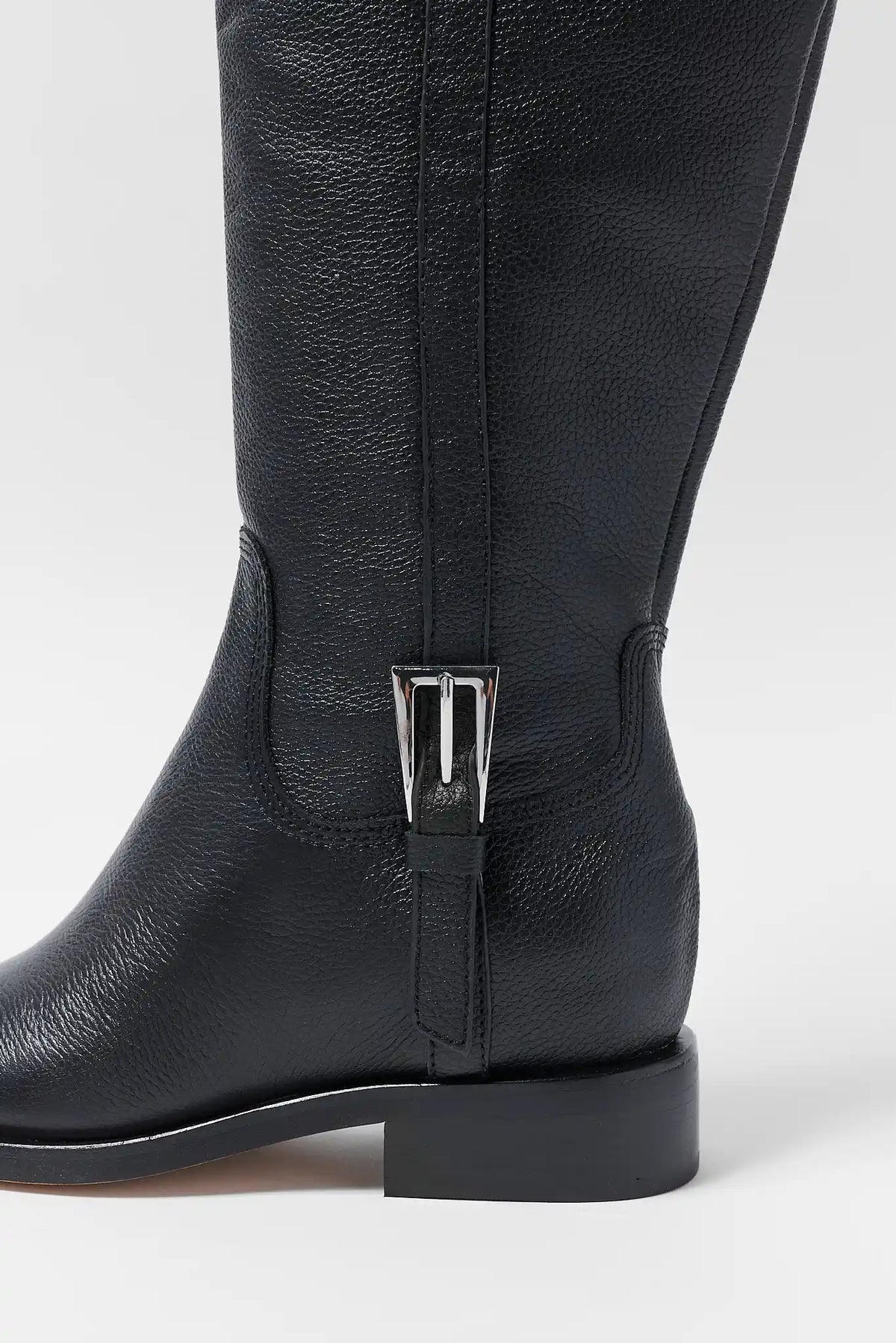 Black Leather Riding Boot Silver Buckle Hardware Detail - Close-Up | Avara