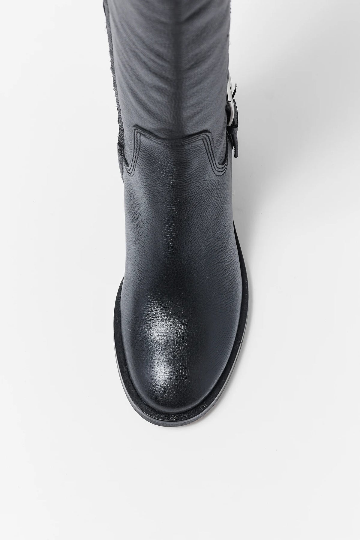 Black Leather Knee-High Riding Boot Round Toe Detail - Top-Down View | Avara