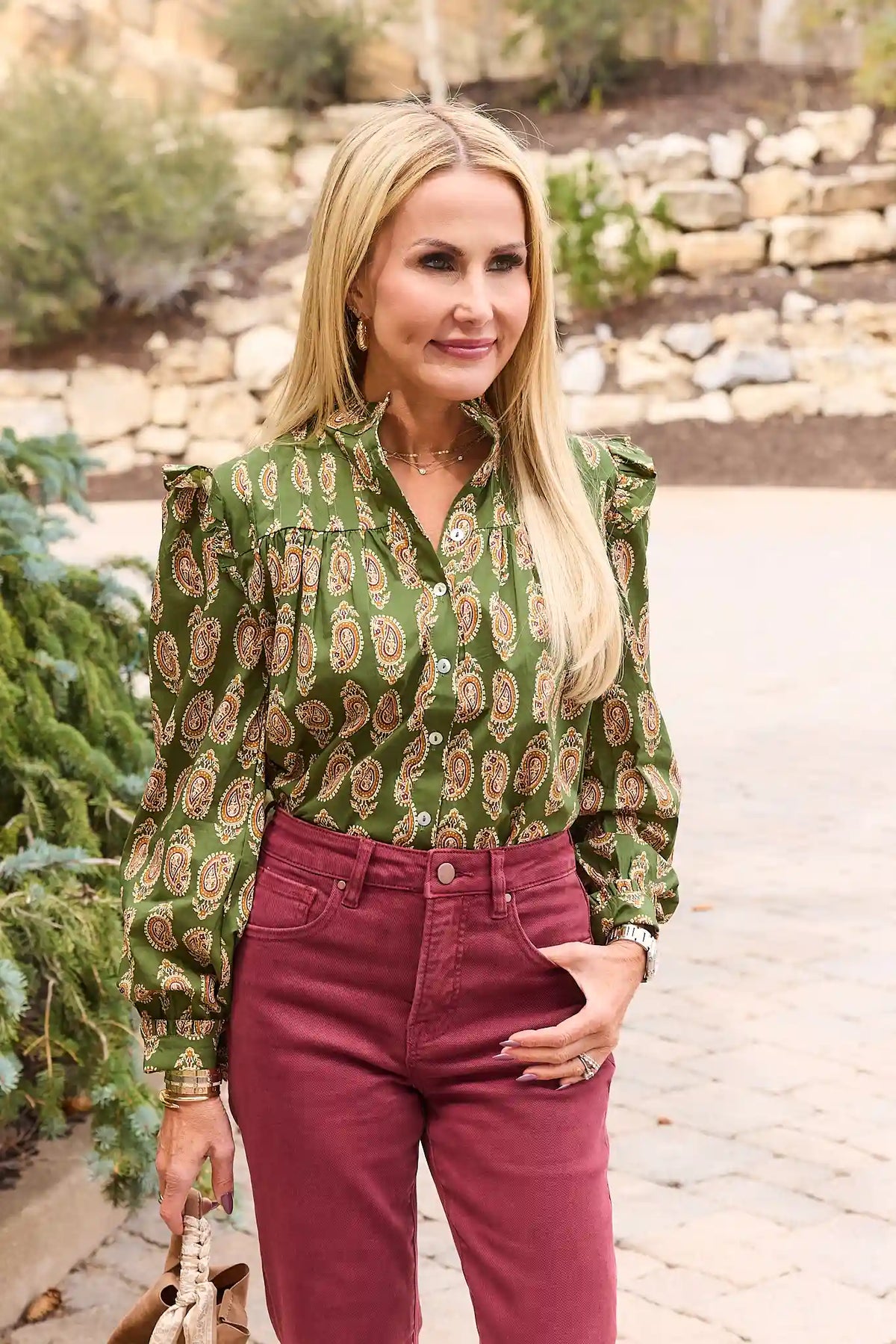 Green Paisley Printed Pleated Top