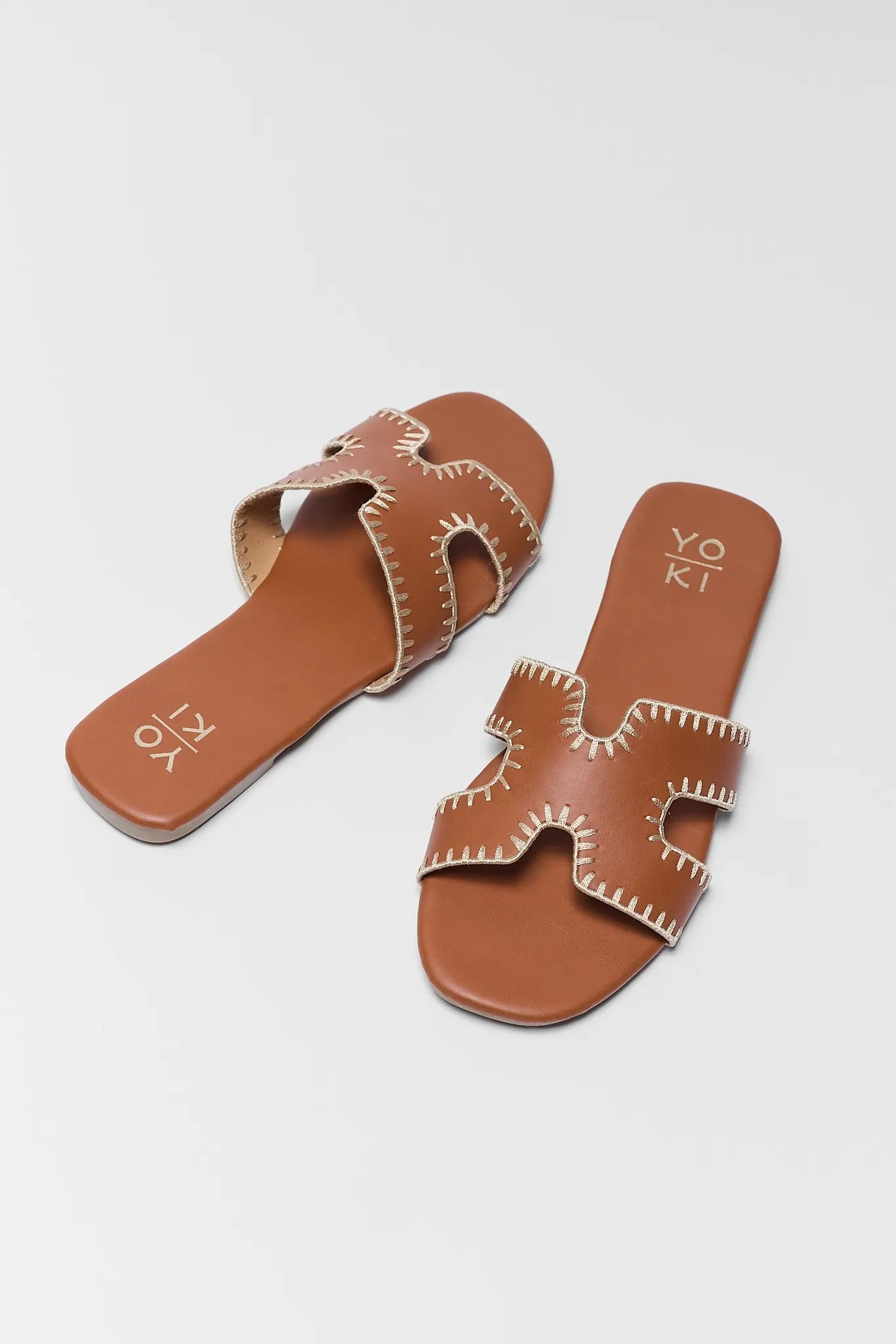 Leslie Camel Faux Leather Sandals on white background