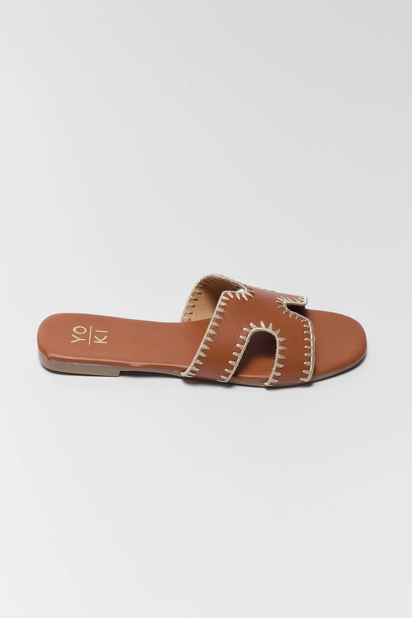 one Leslie Camel Faux Leather Sandals on white background
