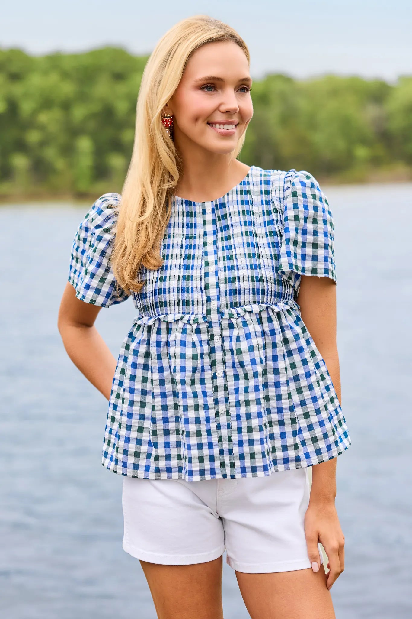 woman wearing gingham libby top