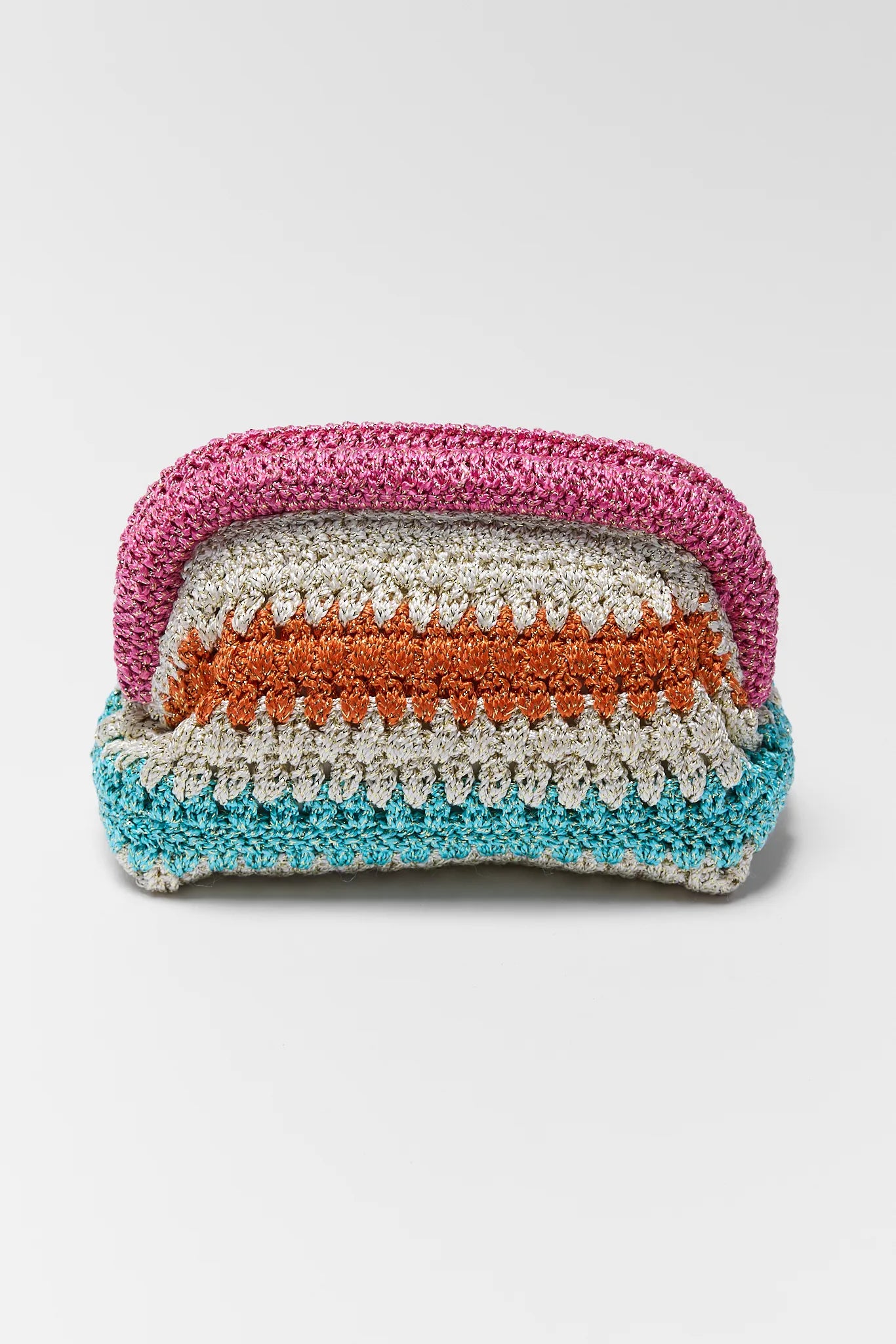 Colorful striped crochet coin purse on a light gray background
