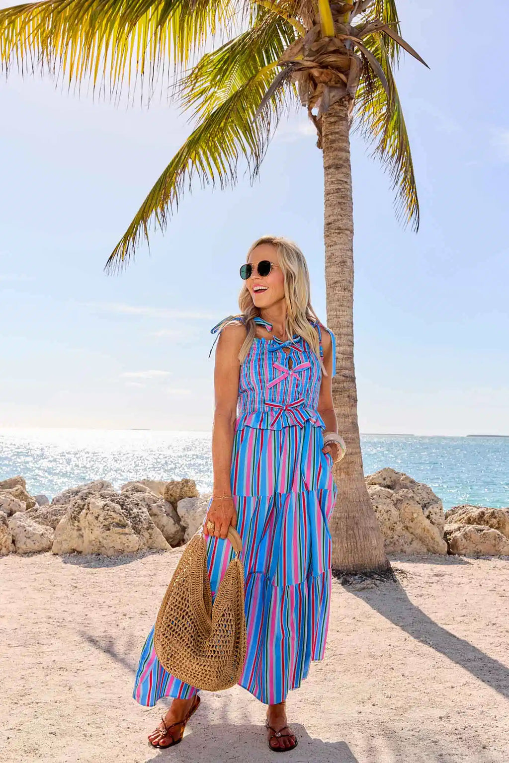 blue and white striped maxi dress White and Dusty Blue Striped Sleeveless Maxi Dress main image 1