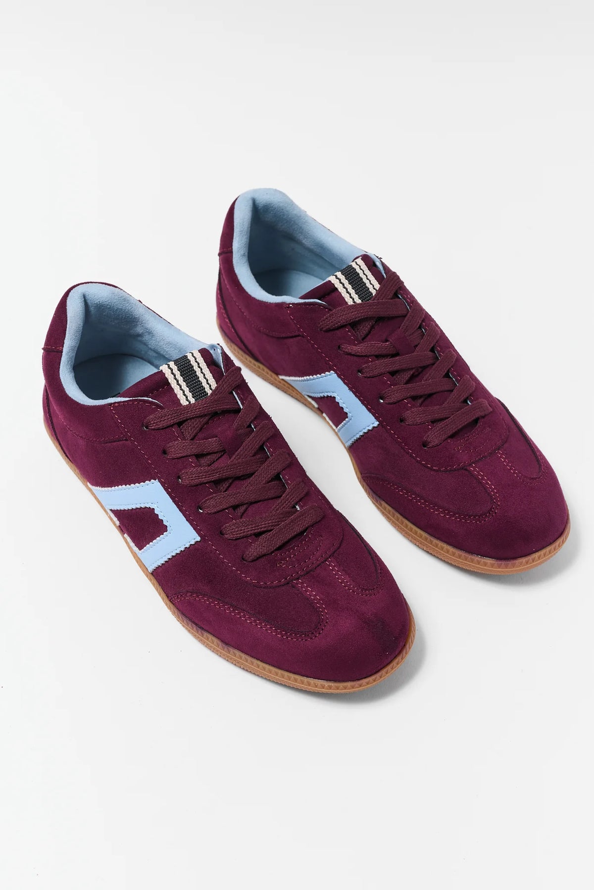 Maroon Faux Suede Sneakers - Angled Pair Flat Lay, Striped Pull Tab | Avara