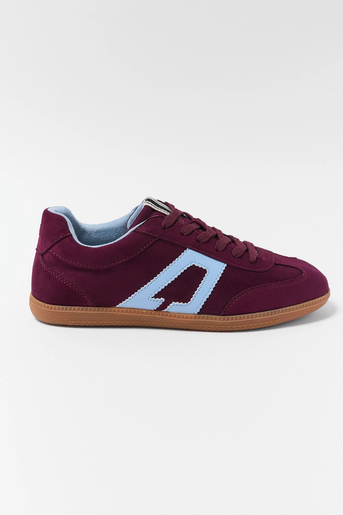 Maroon Faux Suede Sneakers - Side Profile, Light Blue Accent | Avara