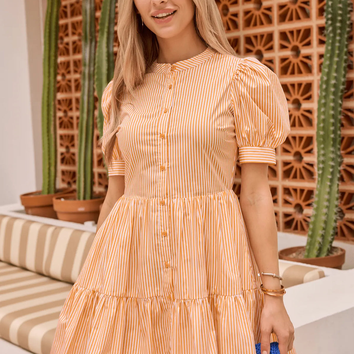 orange and brown striped dress Ladies - Orange/Striped Dress with Godet Pleats - Size: L