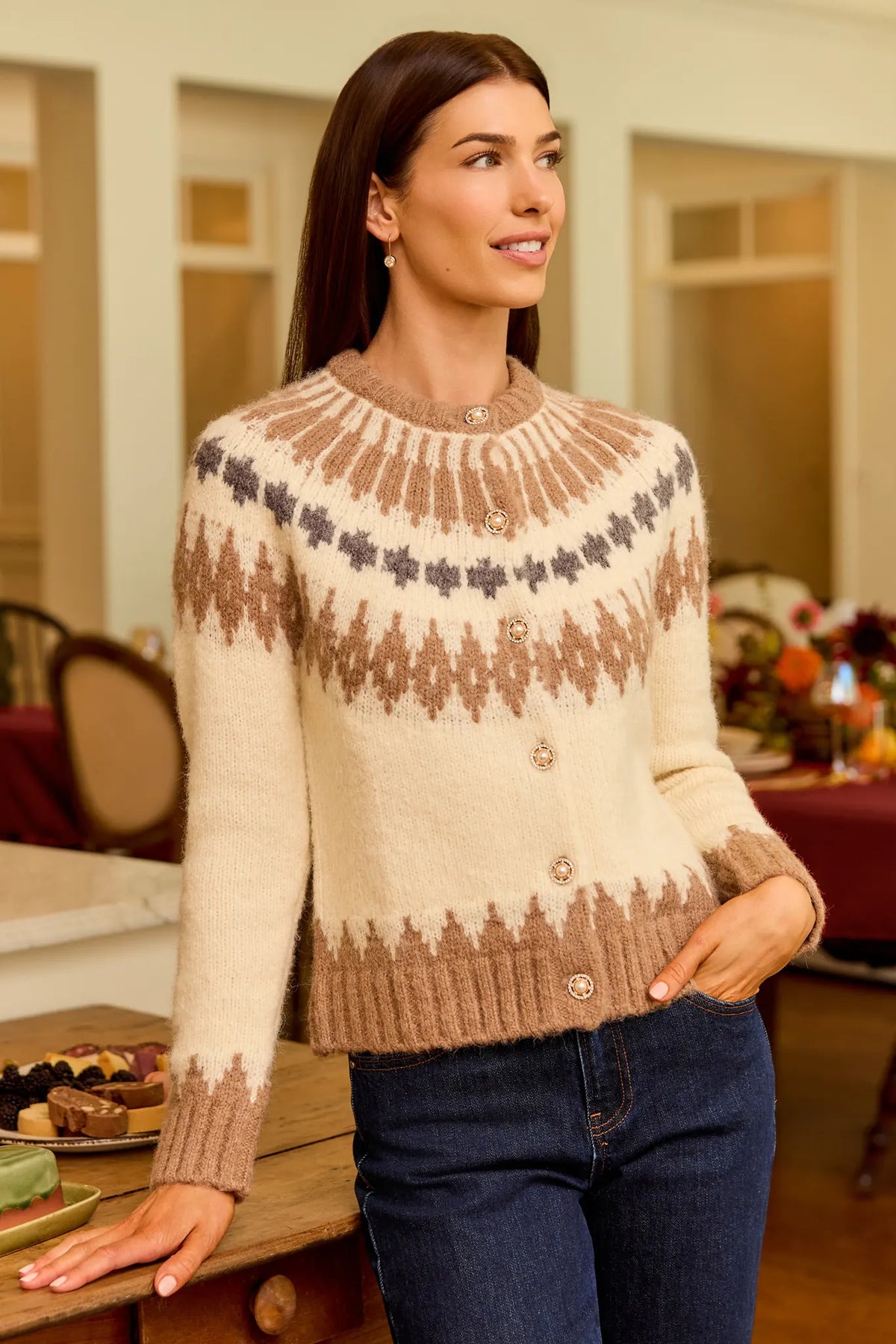 Ivory Fair Isle Print Cardigan On Model - Three-Quarter View in Lifestyle Setting | Avara