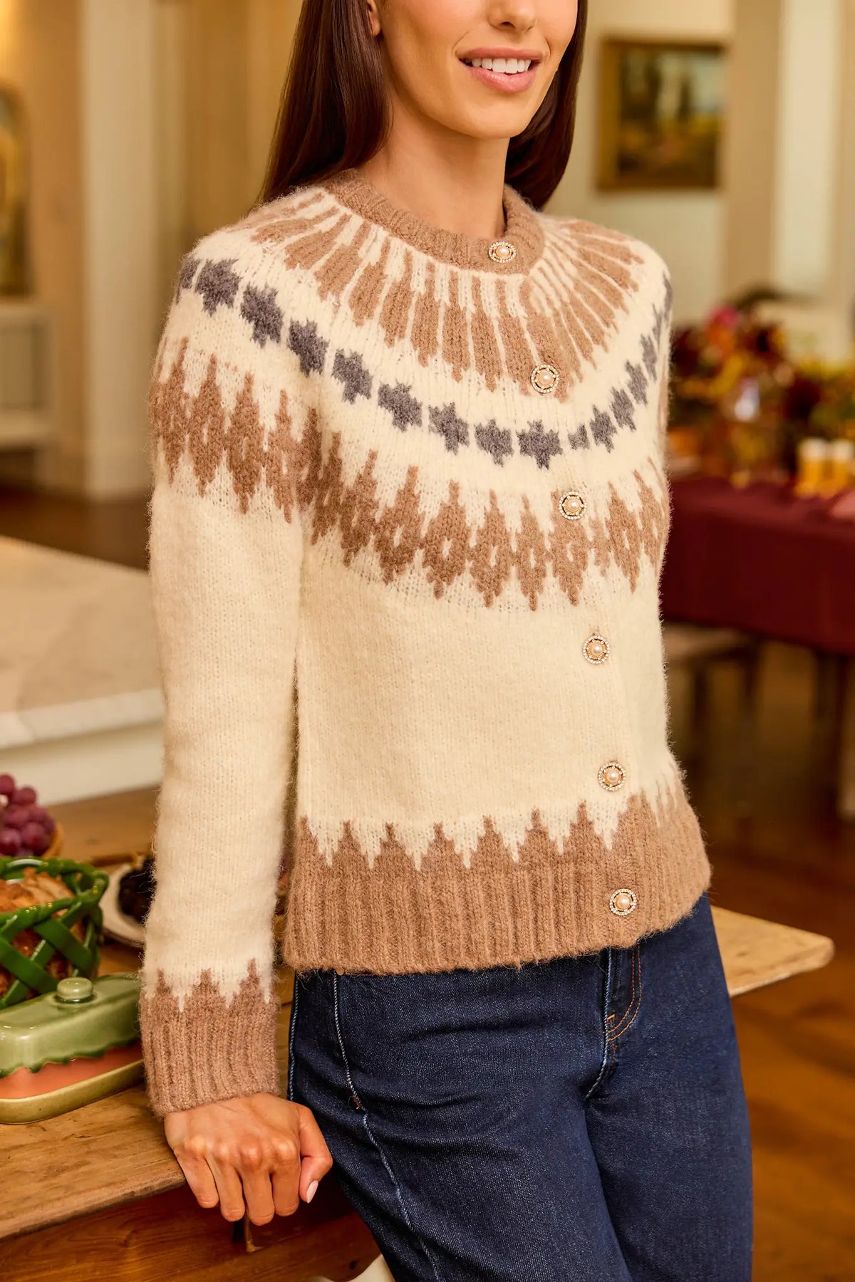 Ivory Fair Isle Knit Cardigan - Side View with Pearl Button Detail On Model | Avara