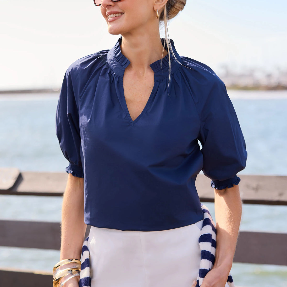 Merrick Navy Split Neck Top | Avara