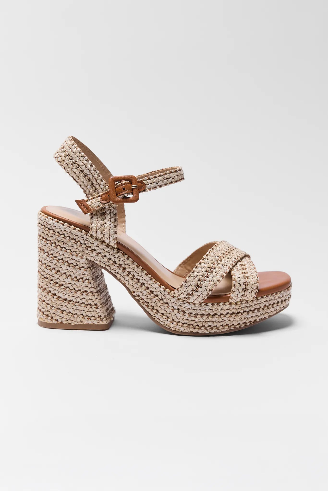 Millie Raffia Platform Heel with block heel on a white background