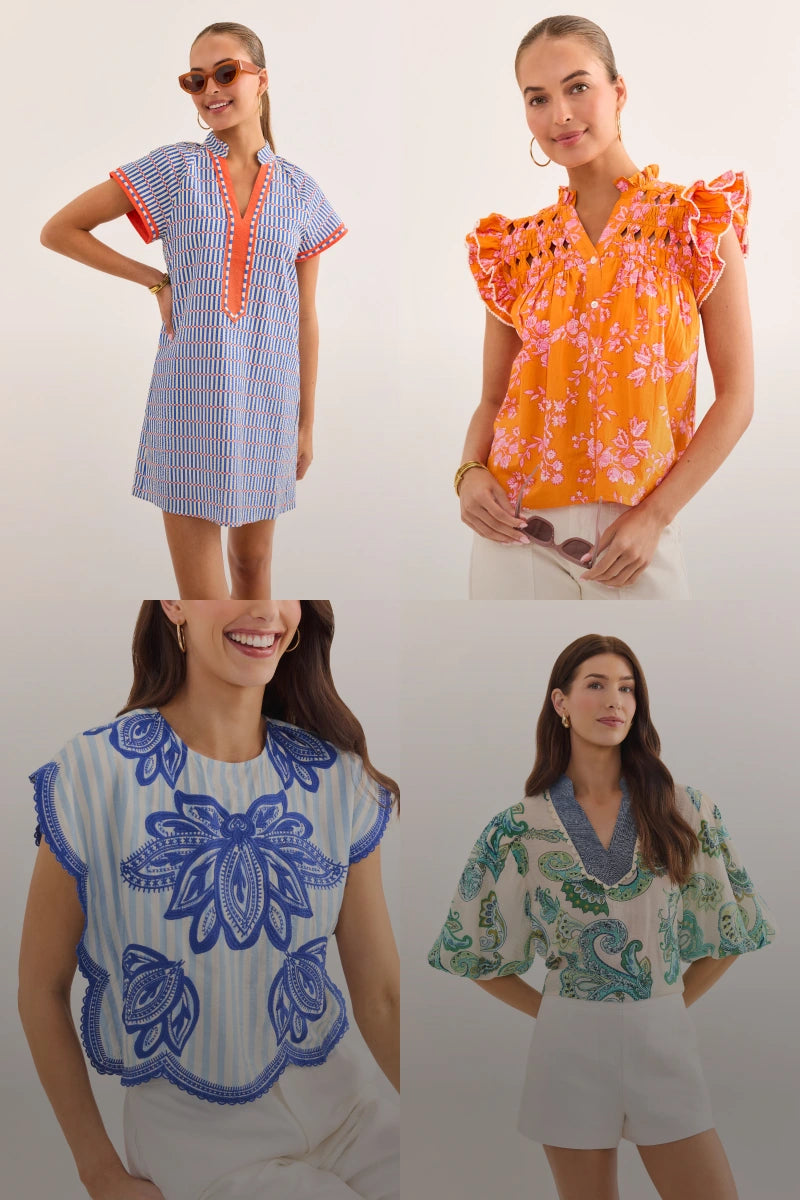 Four women wearing different patterned tops on a white background mobile