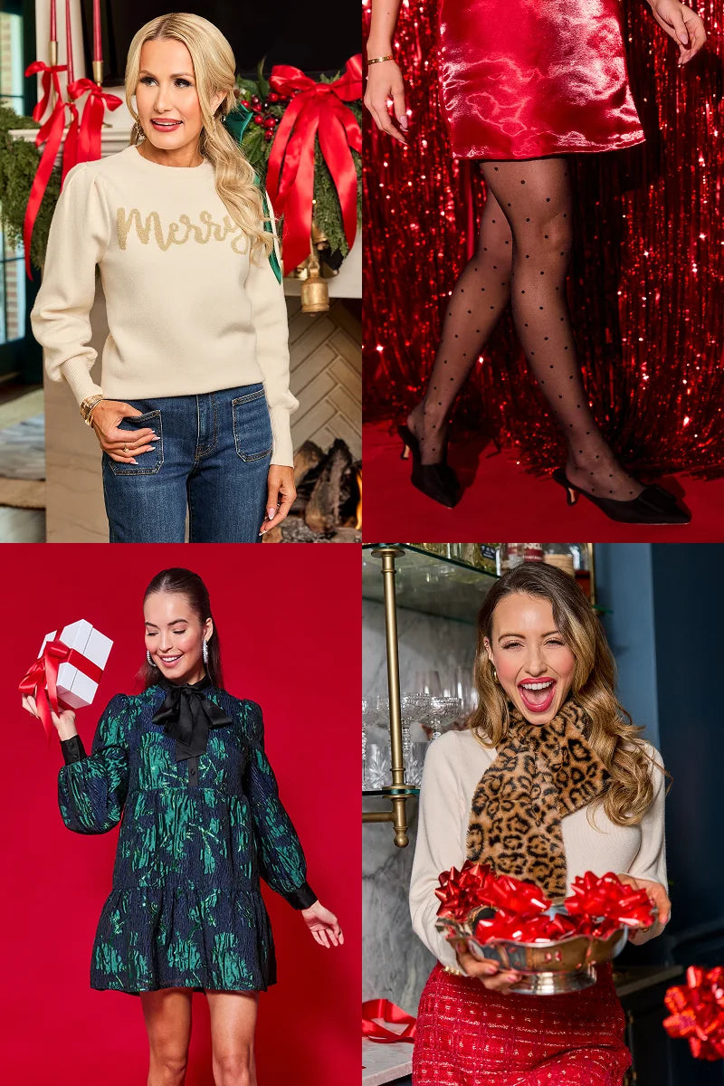 collage of four images of women wearing holiday outfits